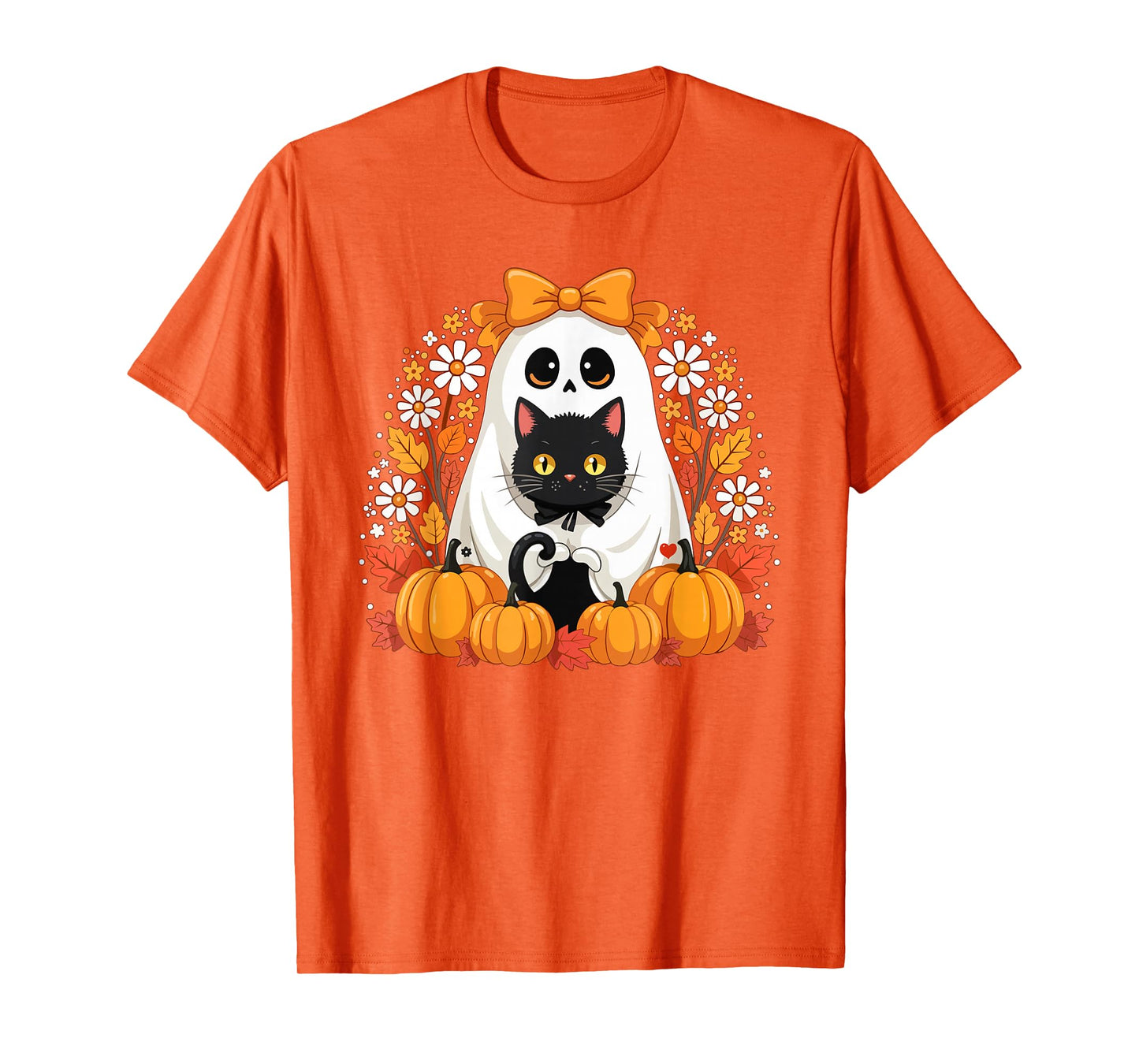 Aesthetic Flower Ghost Holding Black Cat Halloween Women T-Shirt