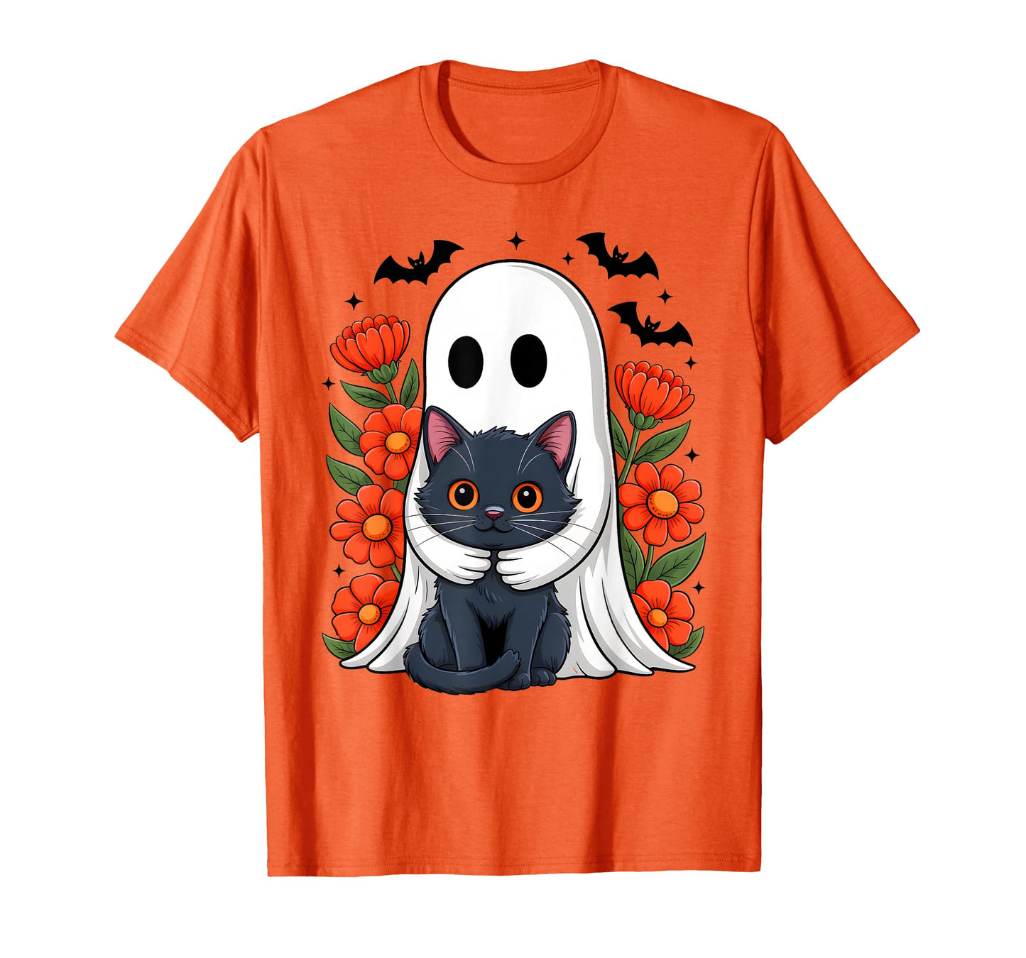 Cute Floral Ghost Spooky Cat Halloween Costume Girls Women T-Shirt