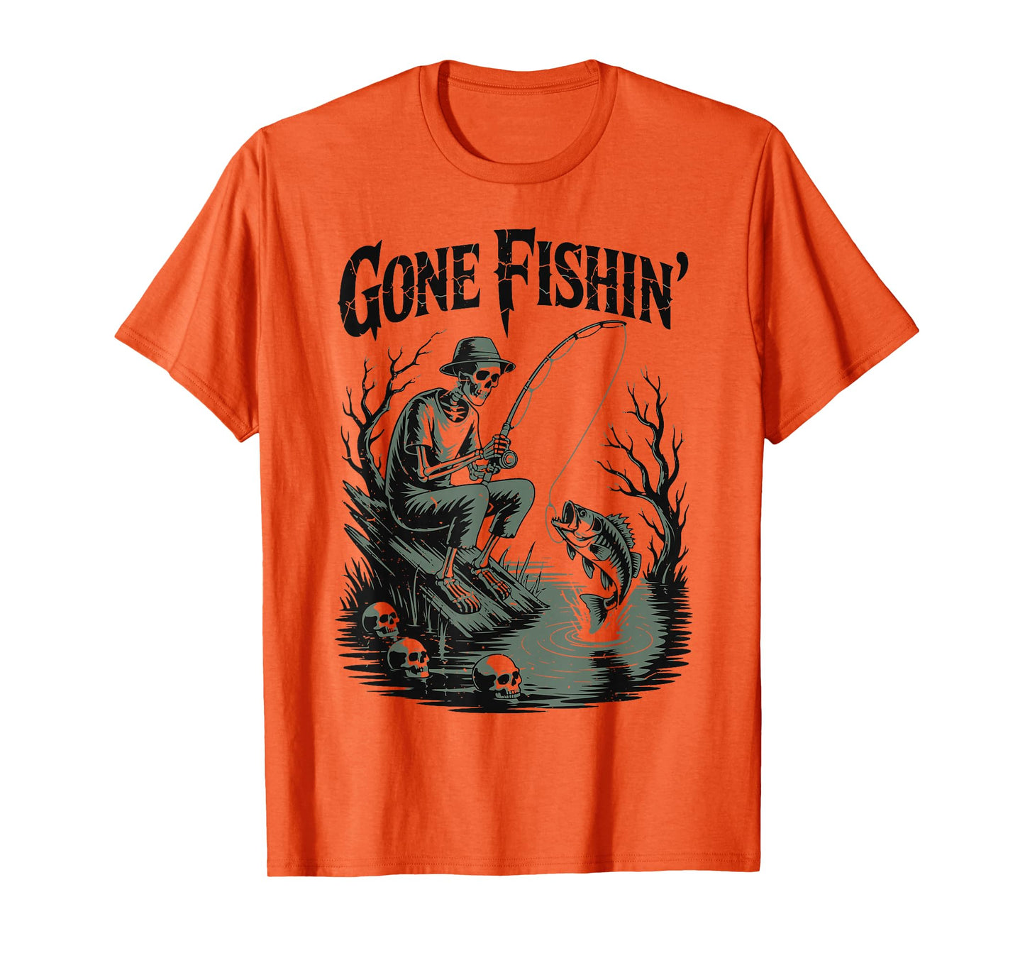 Gone Fishing Skeleton Halloween Bass Fish Funny Fisherman T-Shirt