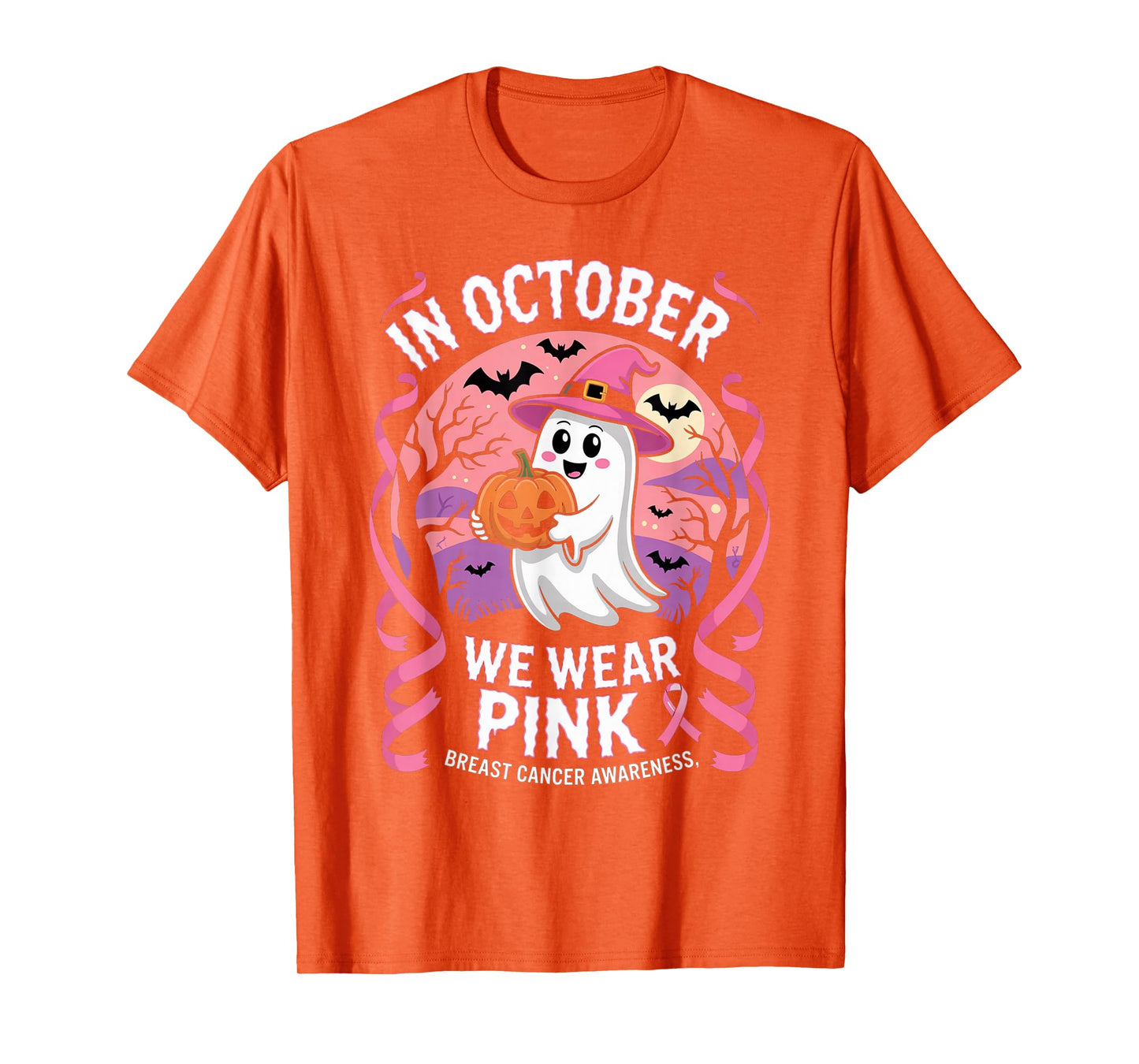in October We Wear Pink Ghost Halloween Awareness Women T-Shirt