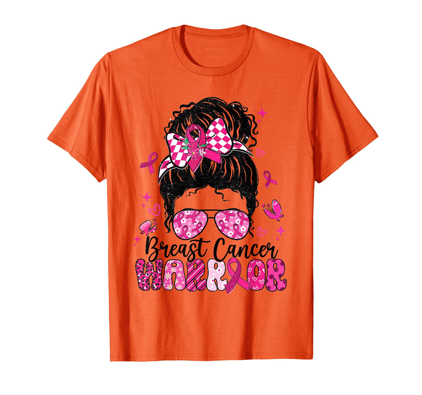 Warrior Messy Bun Pink Ribbon Breast Cancer Awareness T-Shirt
