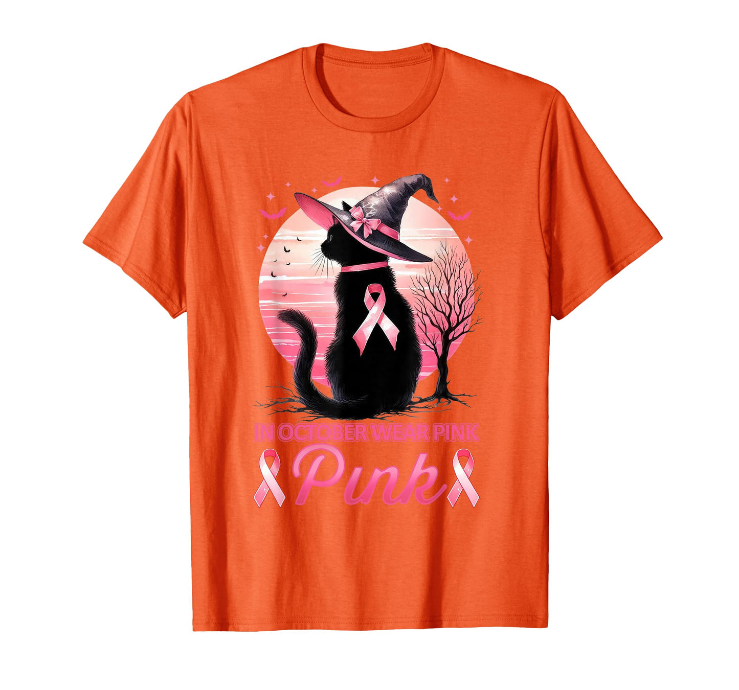 Cat In October We Wear Pink Ribbon Breast Cancer Awareness T-Shirt