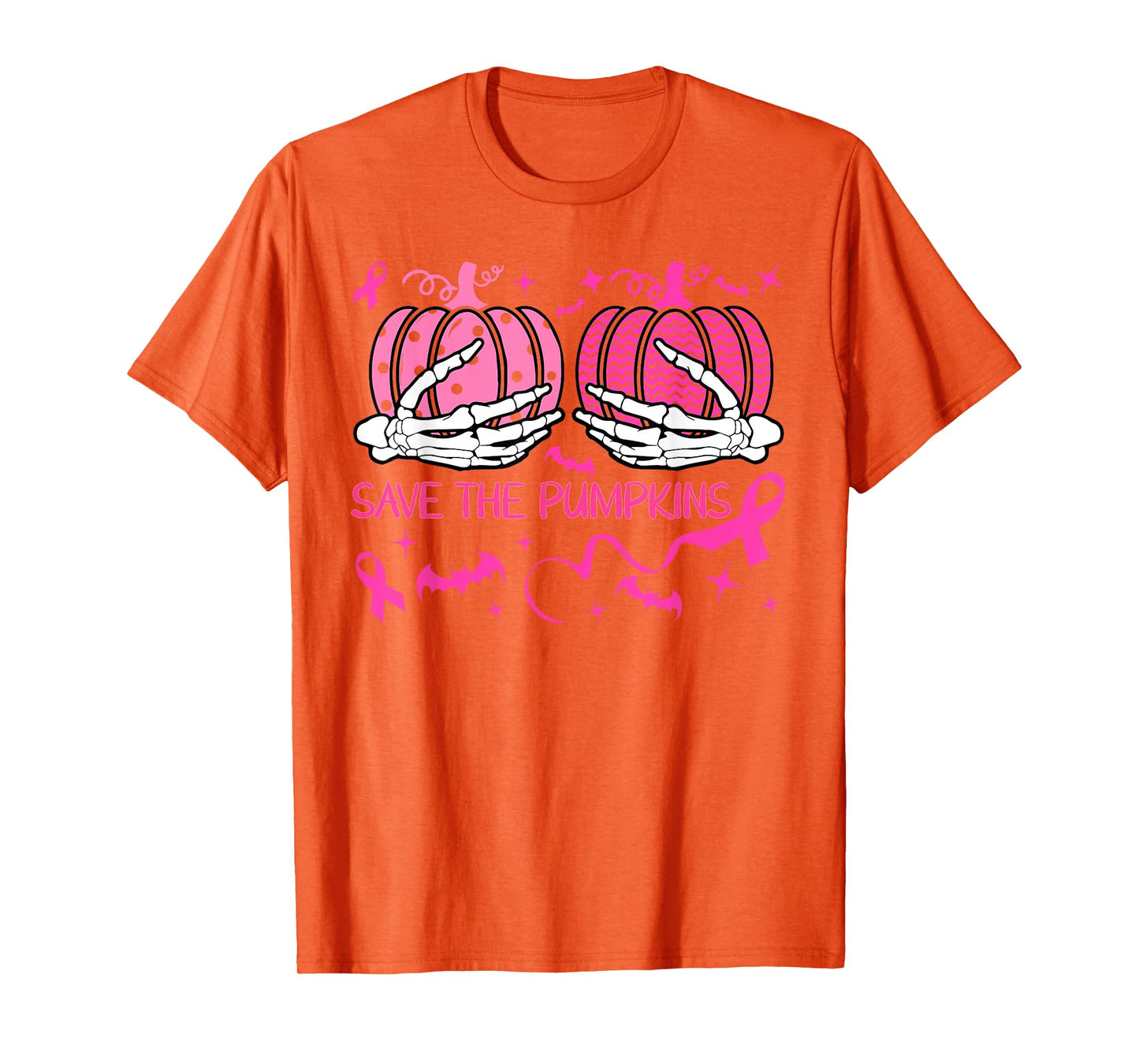 Save The Pumpkins Breast Cancer Skeleton Hand Pink Ribbon T-Shirt