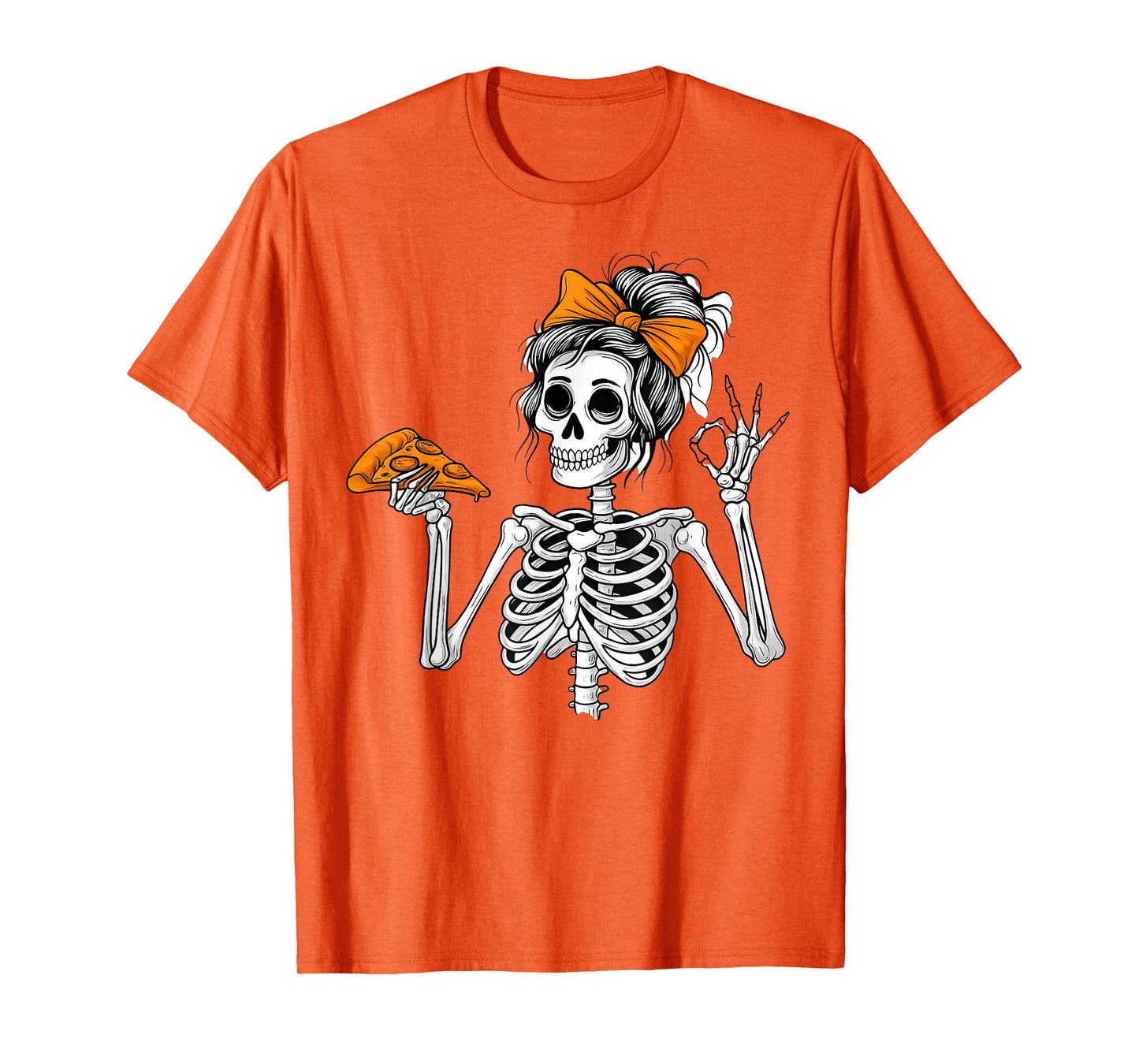 Halloween Skeleton Messy Bun Pizza Funny Spooky Costume T-Shirt