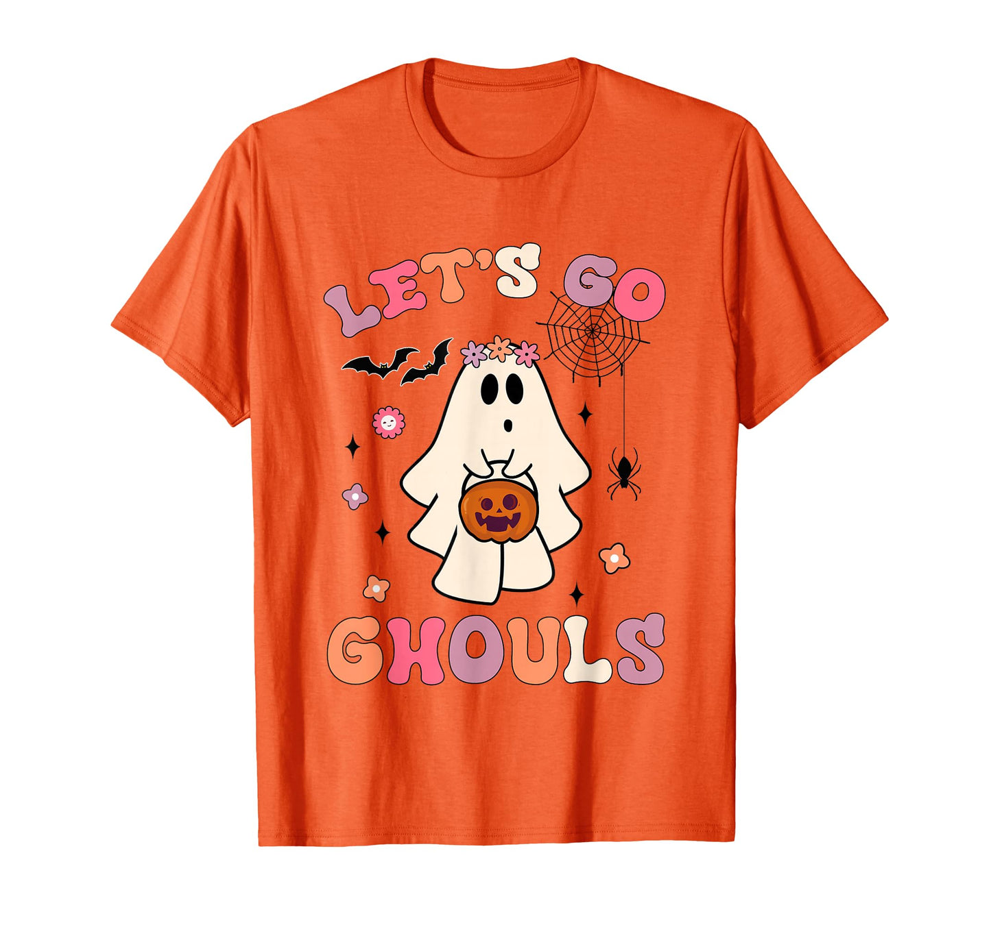 Halloween Ghost Holding Pumpkin Retro Groovy Let's Go Ghouls T-Shirt