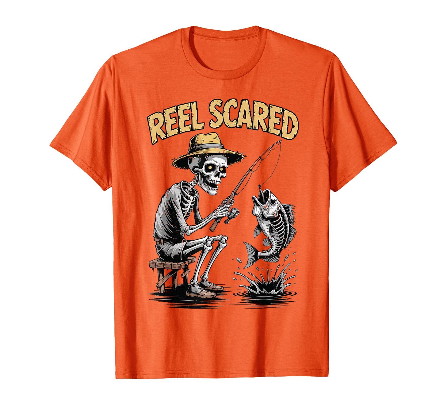 Men's Reel Scared Skeleton Fishing Halloween Funny Fisherman T-Shirt
