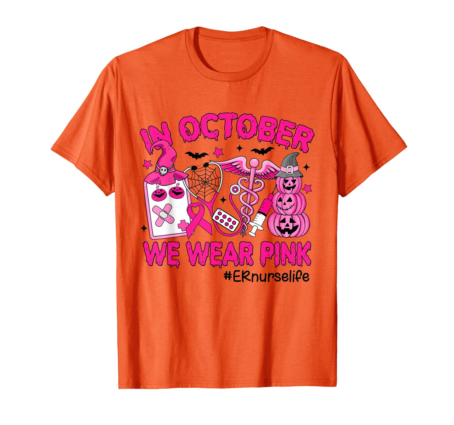 in October We Wear Pink ER Nurse Life Breast Cancer T-Shirt