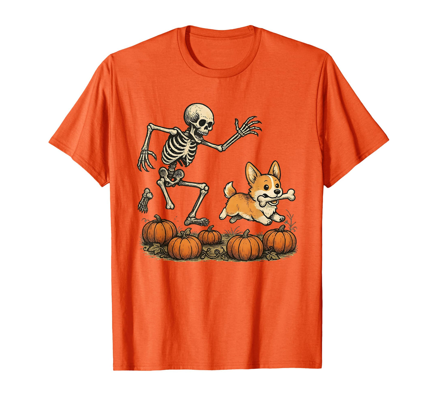 Funny Skeleton Chasing Corgi Halloween Dog Mom Pet Lover T-Shirt