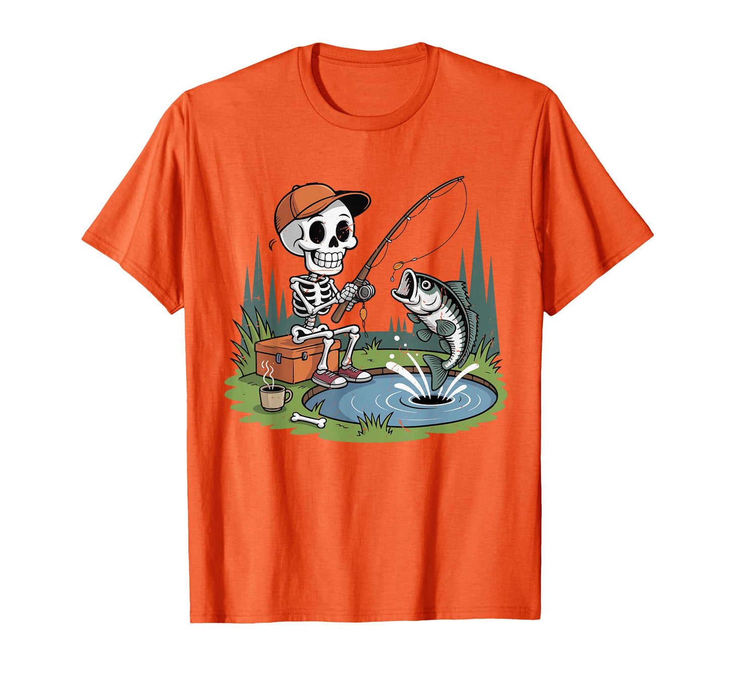 Boy's Skeleton Fishing Halloween Bass Fish Funny Fisherman T-Shirt