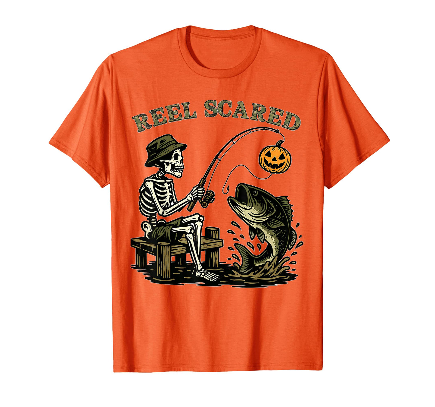 Reel Scared Camo Halloween Fishing Bass Skeleton Fisherman T-Shirt
