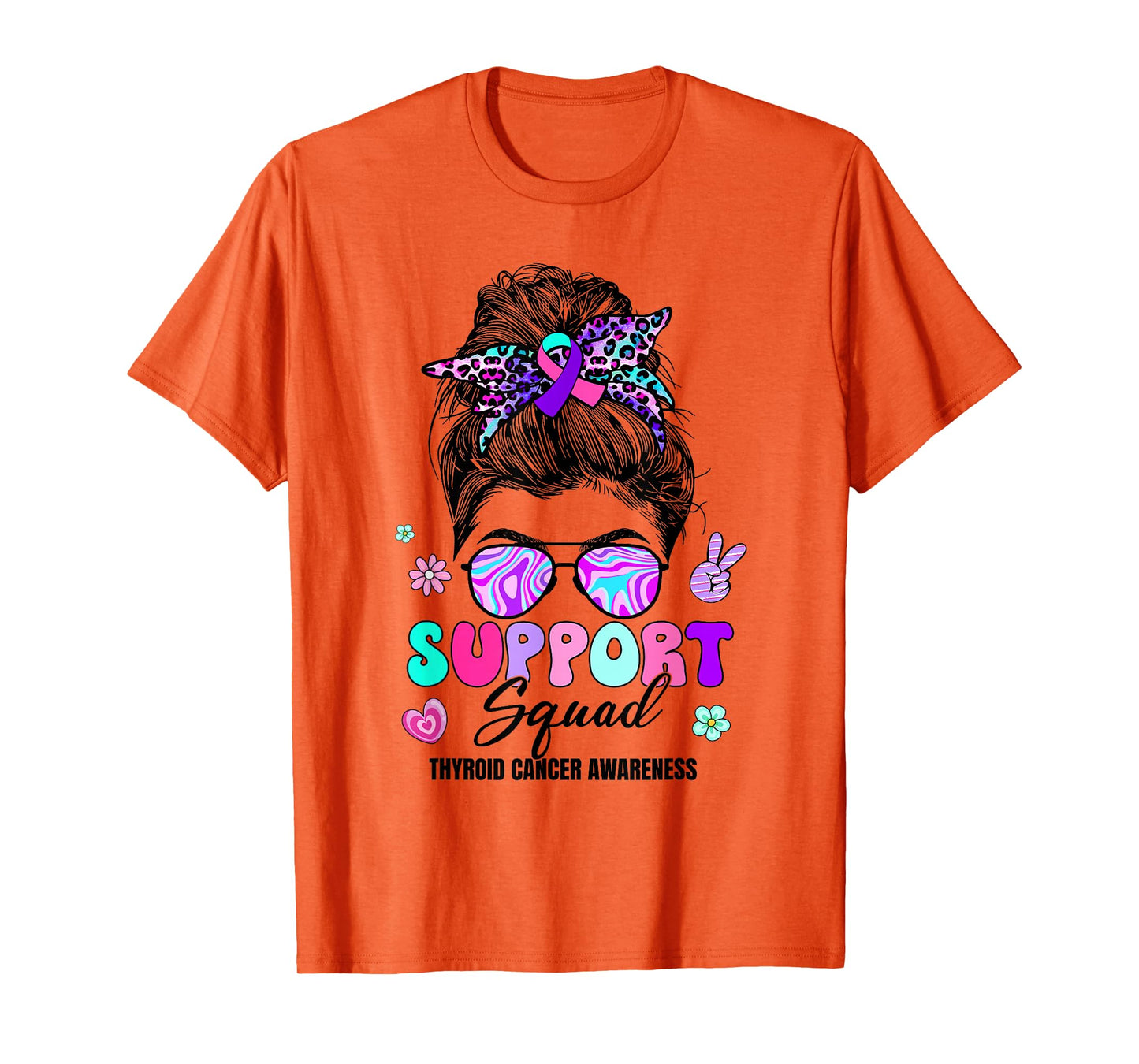 Support Squad Messy Bun Thyroid Cancer Awareness Groovy T-Shirt