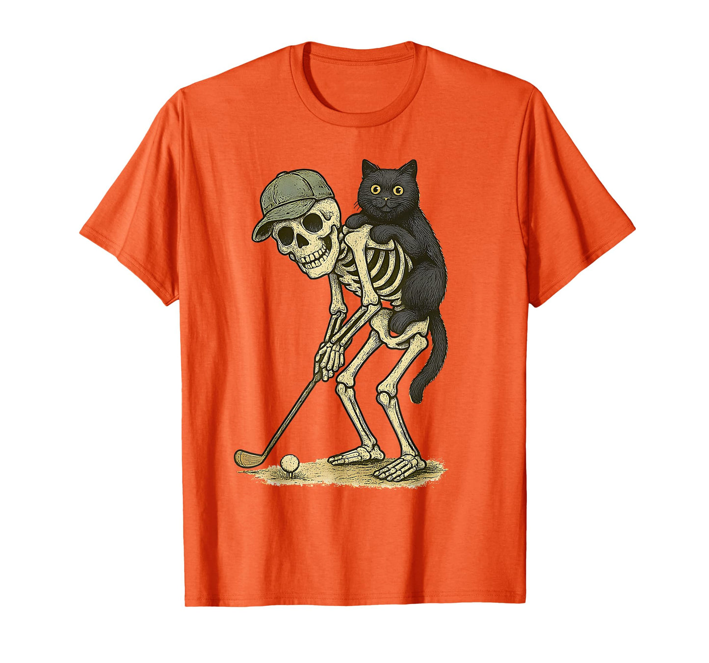 Skeleton Golf Hugging Black Cat Halloween Cat Lover Dad Mens T-Shirt
