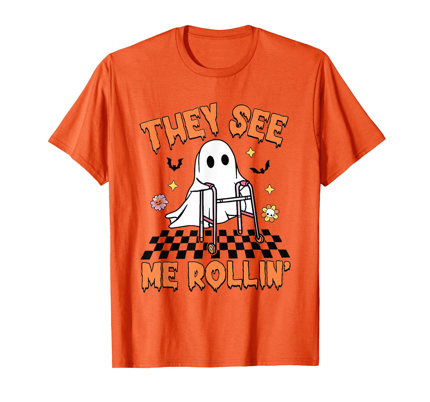 They See Me Rollin' Halloween Checkered Floral Ghost Therapy T-Shirt