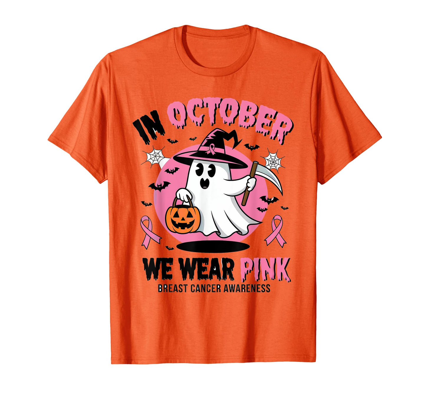 In October We Wear Pink Ghost Witch Breast Cancer Awareness T-Shirt