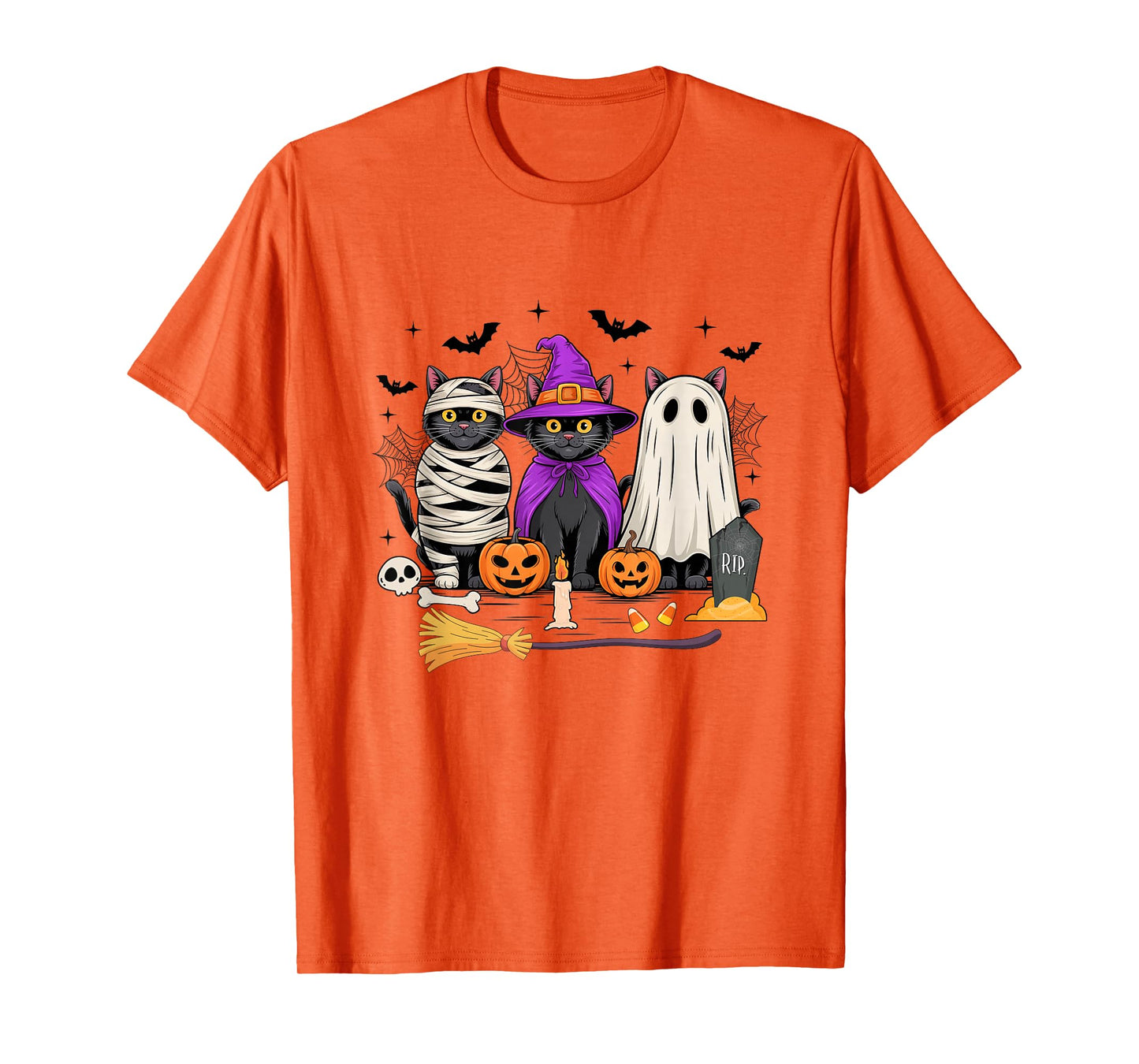 Retro Black Cat Witch Scary Halloween Pumpkin Women Men Kids T-Shirt