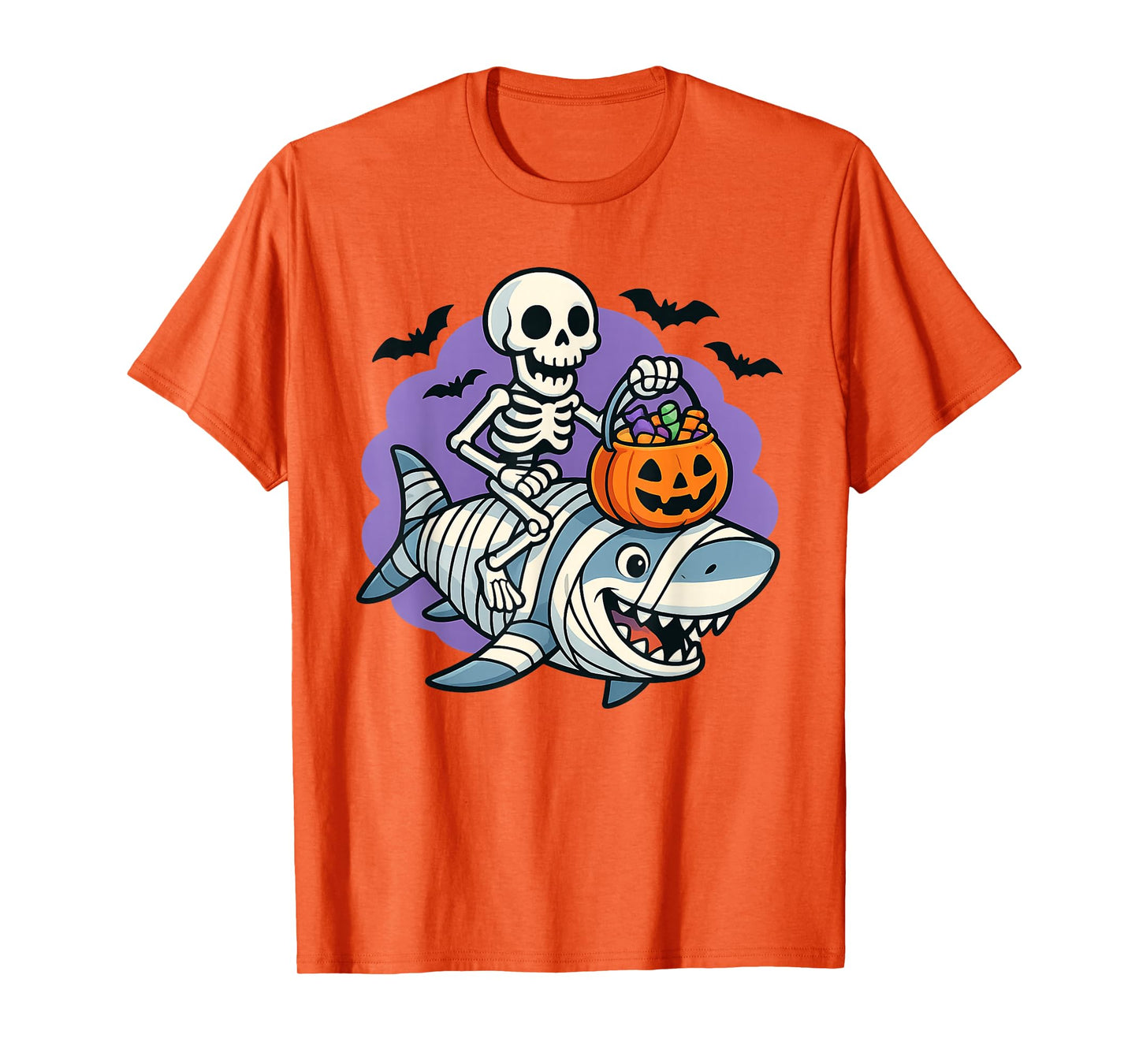 Skeleton Riding Mummy Shark Funny Halloween Pumpkin Kids T-Shirt