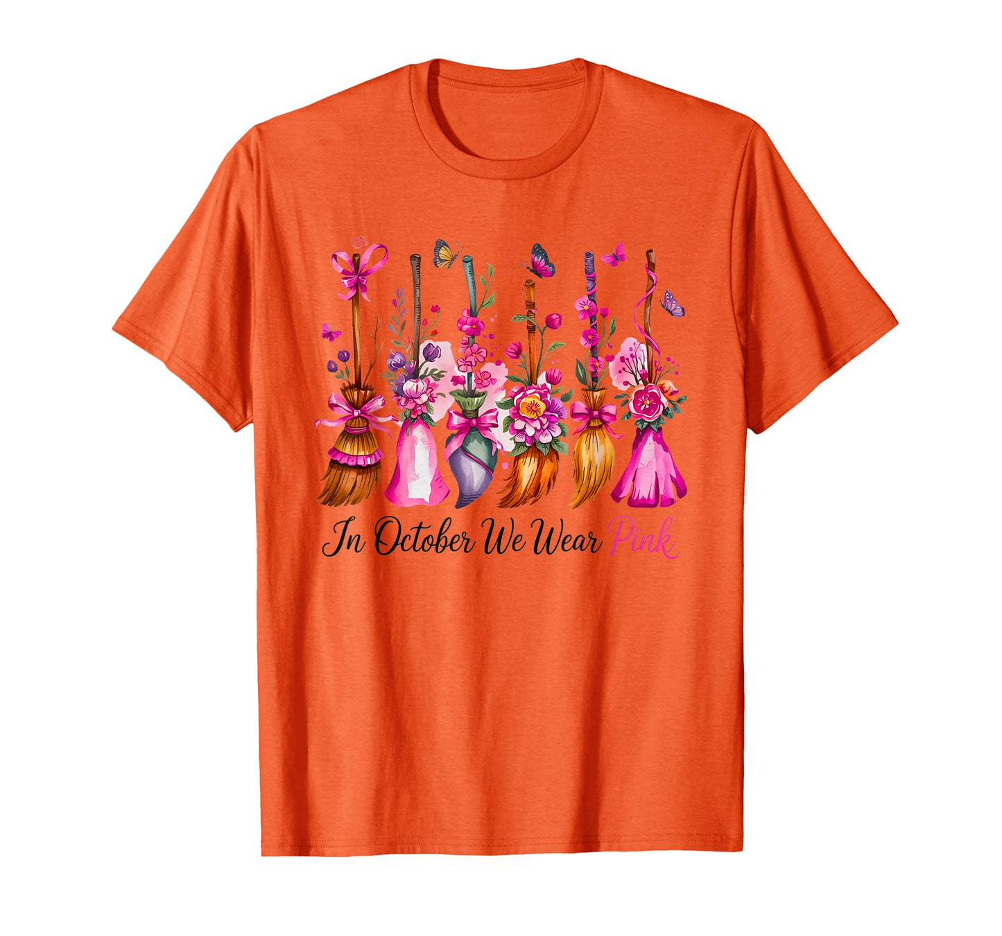 in October We Wear Pink Witch Broom Breast Cancer Awareness T-Shirt