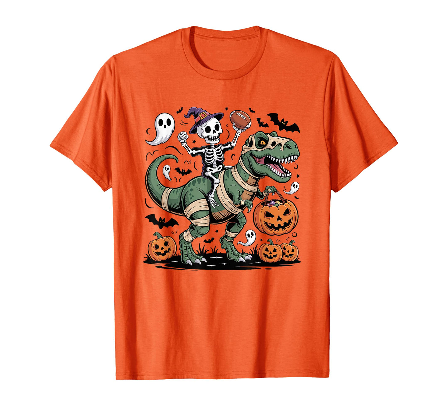 Football Skeleton Riding Mummy Dinosaur T-Rex Halloween Boys T-Shirt
