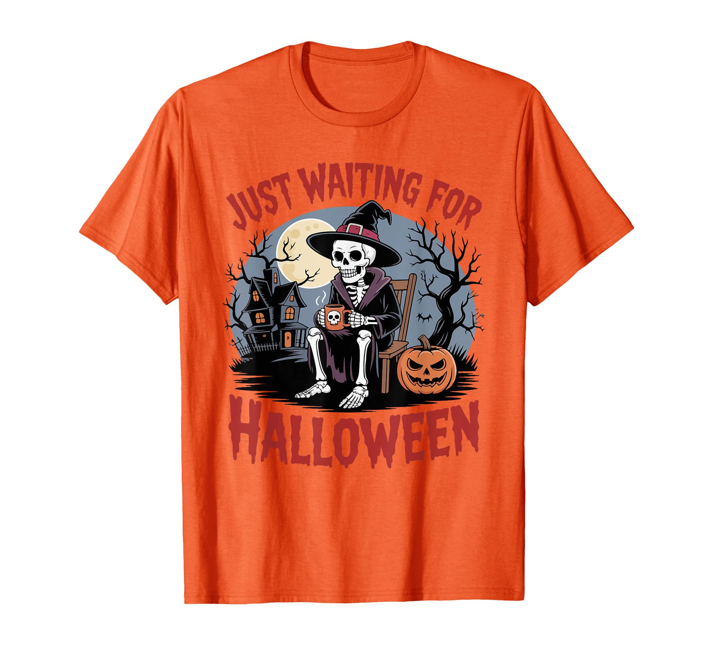 Just Waiting for Halloween Funny Skeleton Witch Coffee T-Shirt