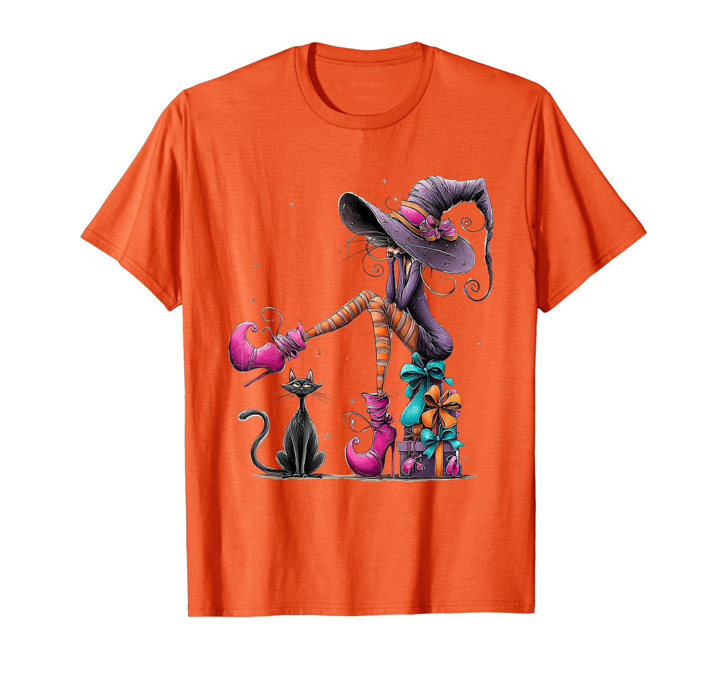 Spooky Witch High Heels with Black Cat Halloween Pumpkin T-Shirt