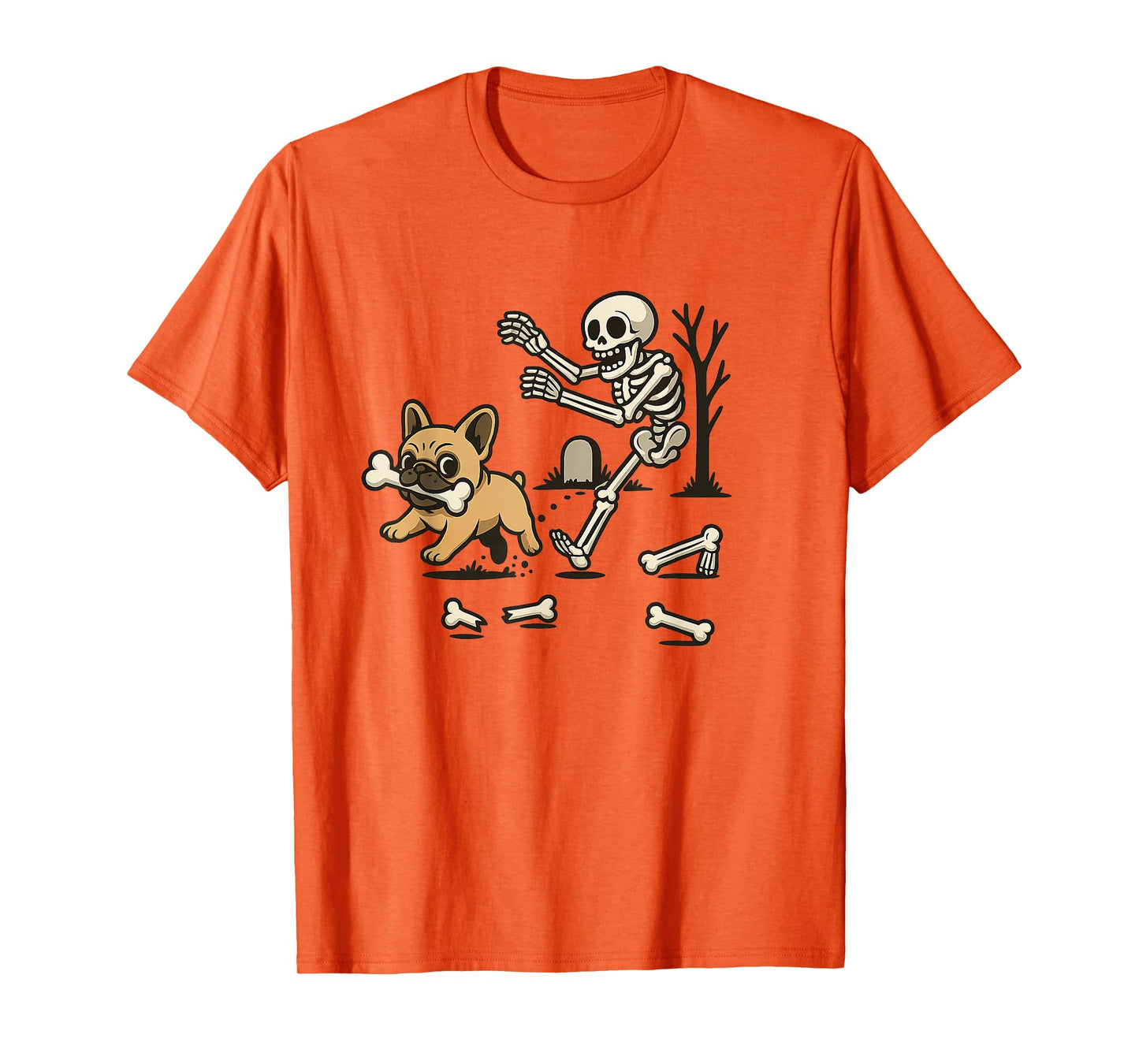 Funny Bulldog Skeleton Halloween Shirt Cartoon Spooky Tee T-Shirt