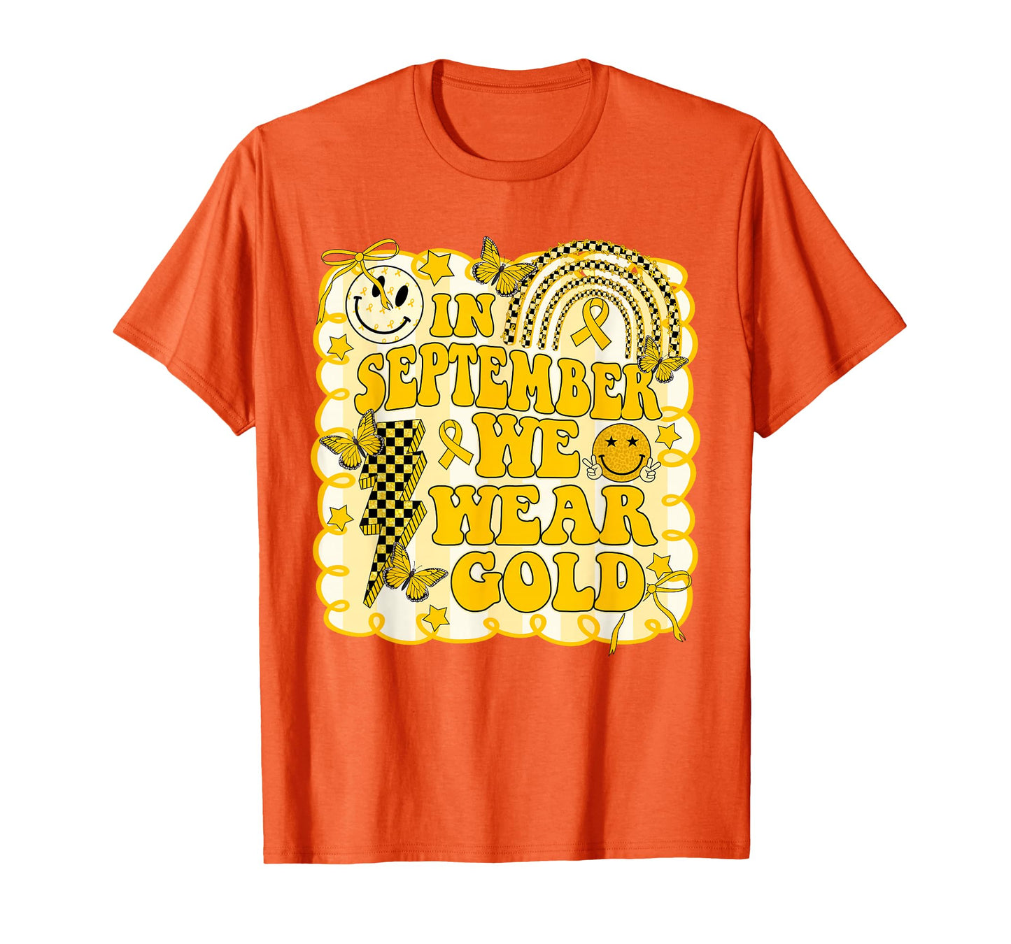 in September We Wear Gold Childhood Cancer Rainbow Butterfly T-Shirt