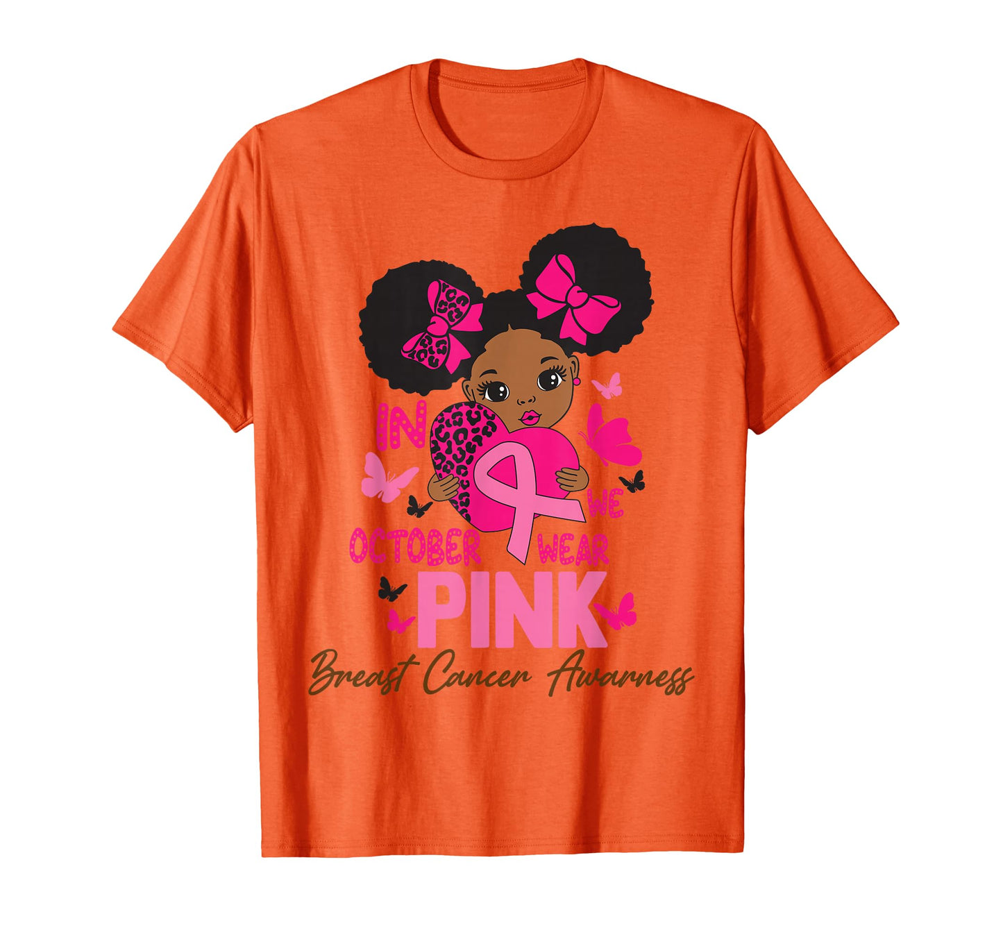 in October We Wear Pink Ribbon Black Girl Kids Breast Cancer T-Shirt