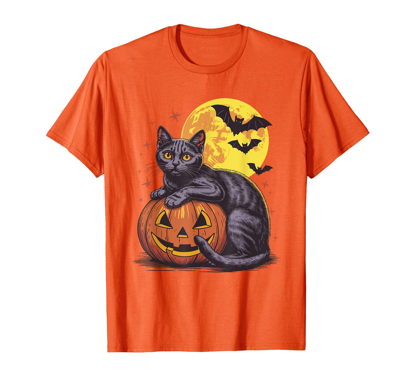 Retro Black Cat Pumpkin Halloween - Spooky Moon Bats Costume T-Shirt
