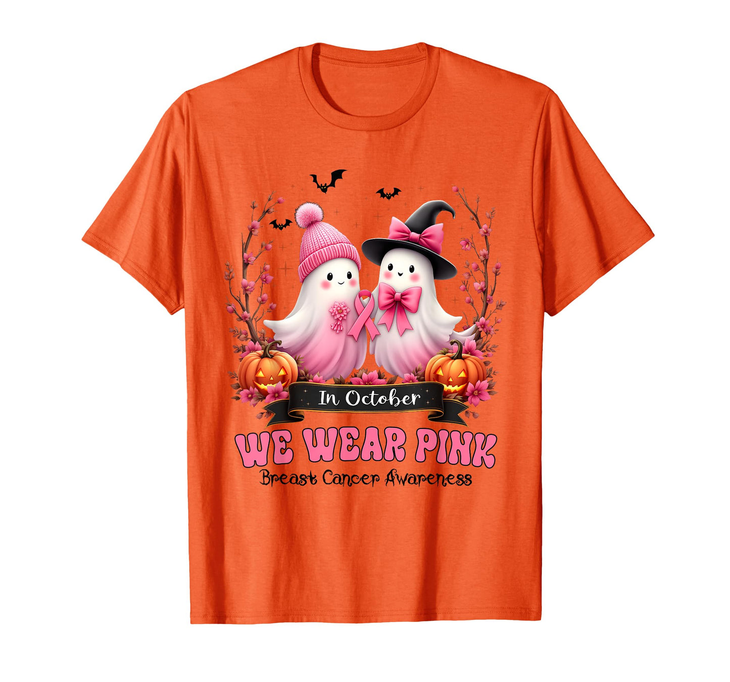 in October We Wear Pink Ghost Witch Breast Cancer Awareness T-Shirt
