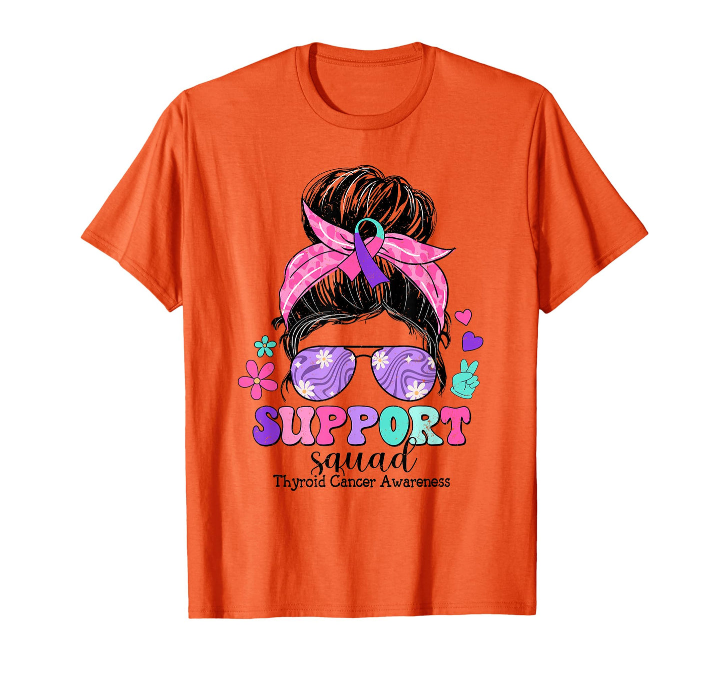 Groovy Support Squad Messy Bun Thyroid Cancer Awareness T-Shirt