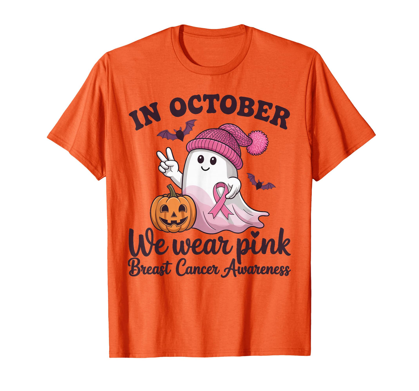 in October we wear Pink Halloween Breast Cancer Awareness T-Shirt