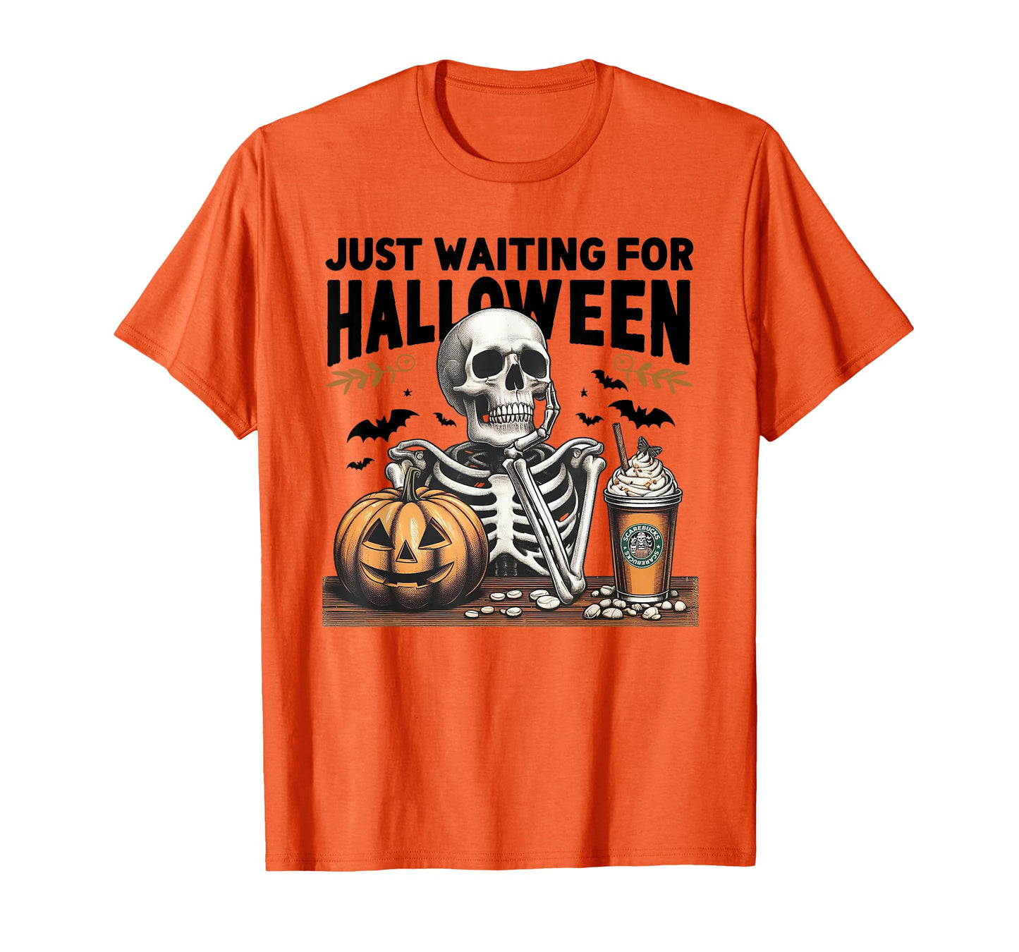 Just Waiting For Halloween Skeleton Ice Coffee Pumpkin T-Shirt