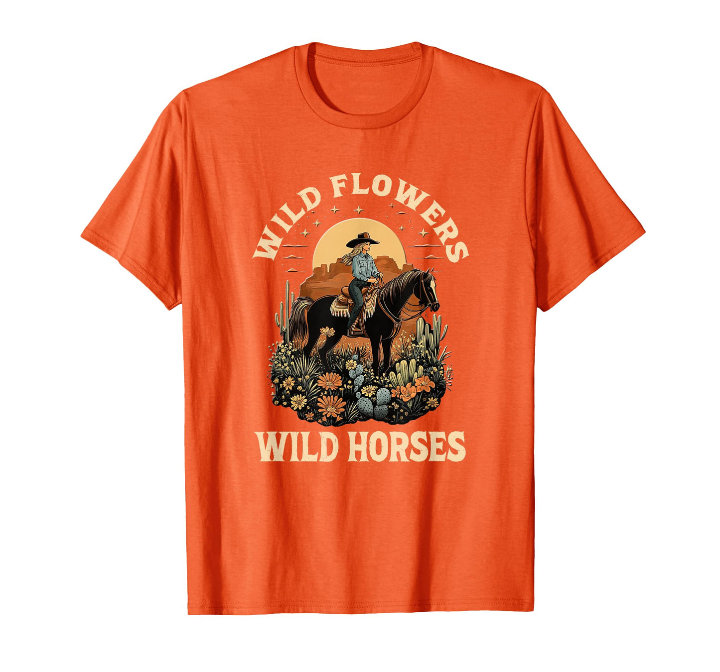 western sunset cowgirl riding horse wild flowers wild horses T-Shirt