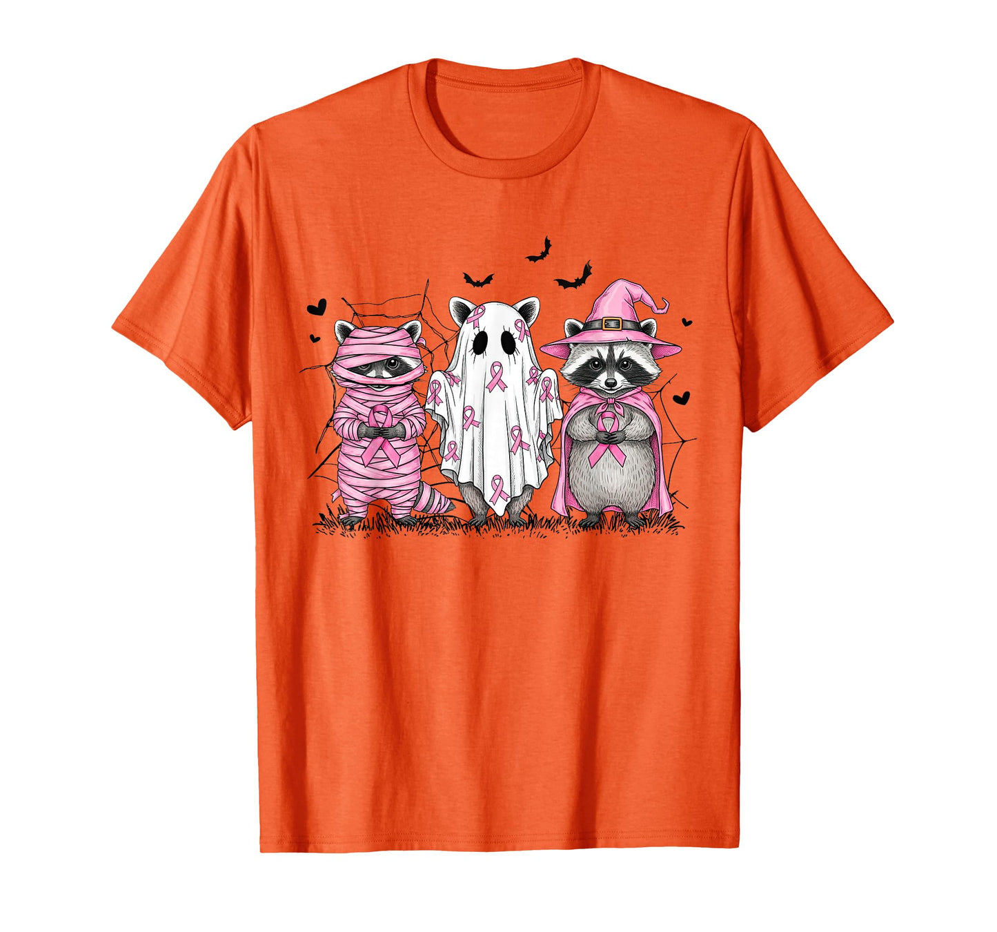 Halloween Raccoon Breast Cancer Awareness Pink Ribbon Women T-Shirt