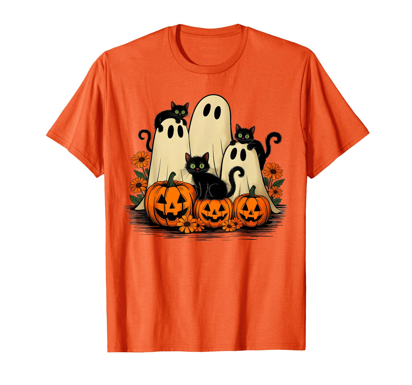 Retro Floral Ghost Coquette Bow Pumpkin Halloween Black Cat T-Shirt