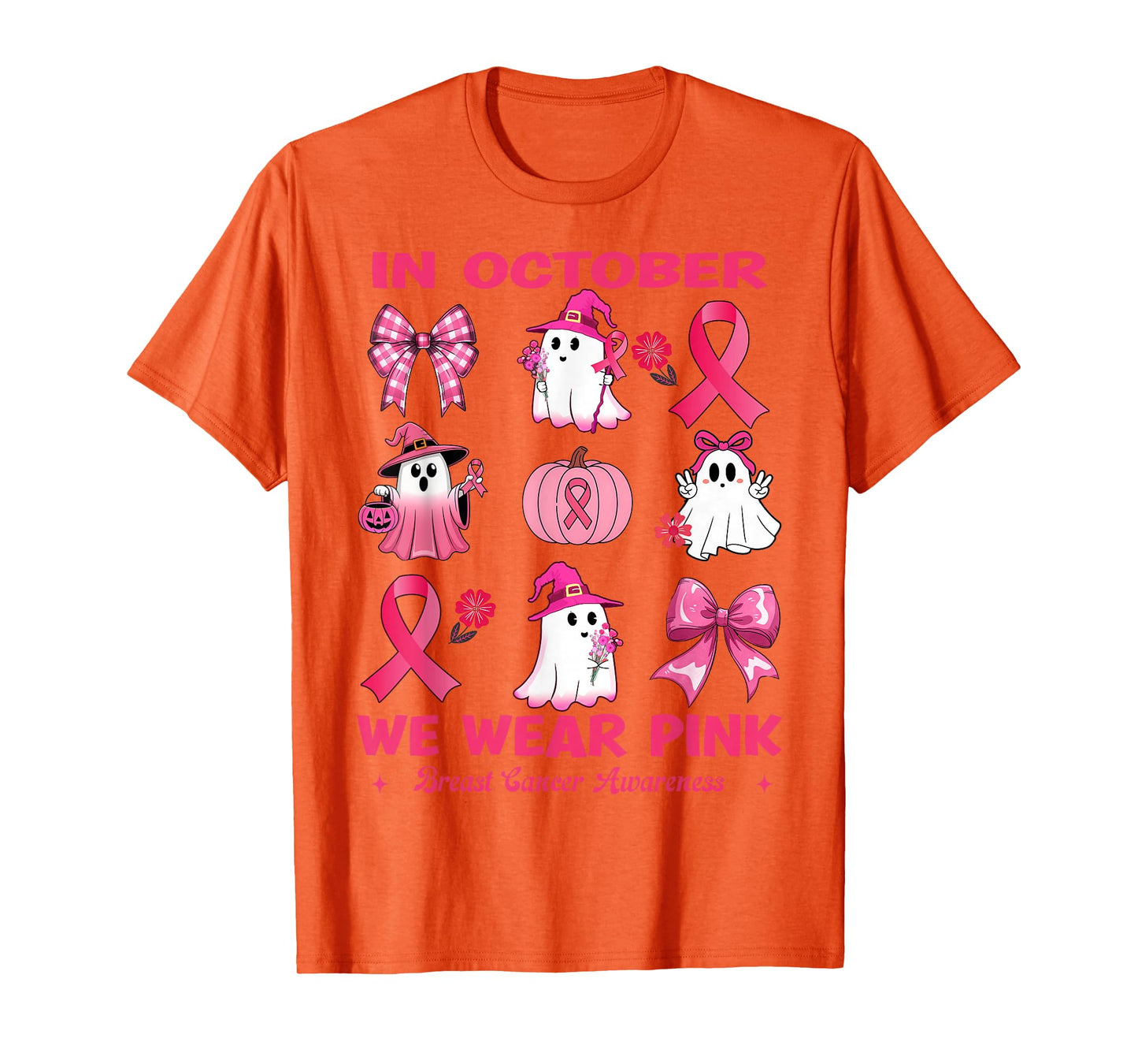 in October We Wear Pink Breast Cancer Cute Ghosts Pumpkin T-Shirt