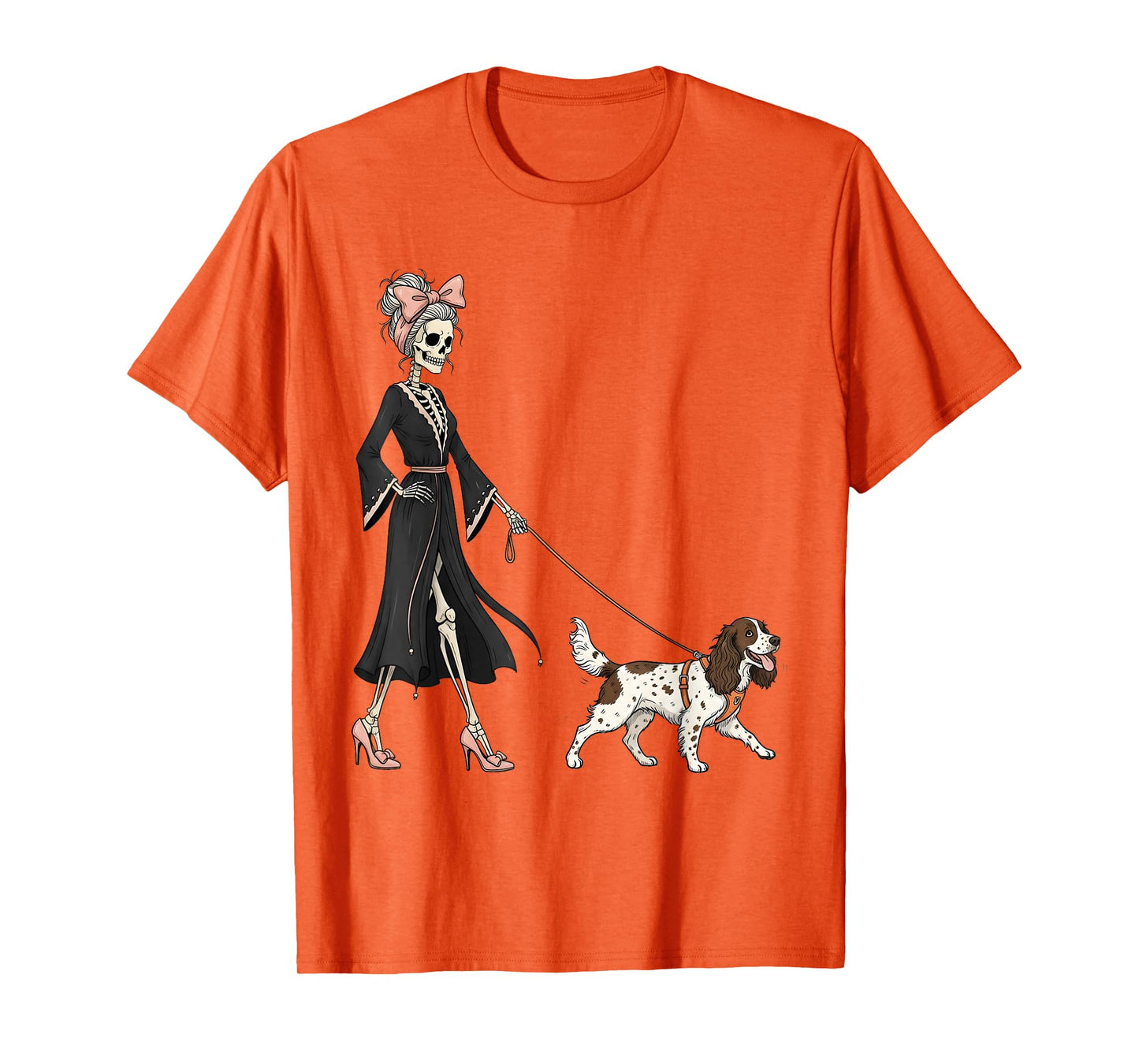 Skeleton English Springer Spaniel Dog Walking Halloween T-Shirt
