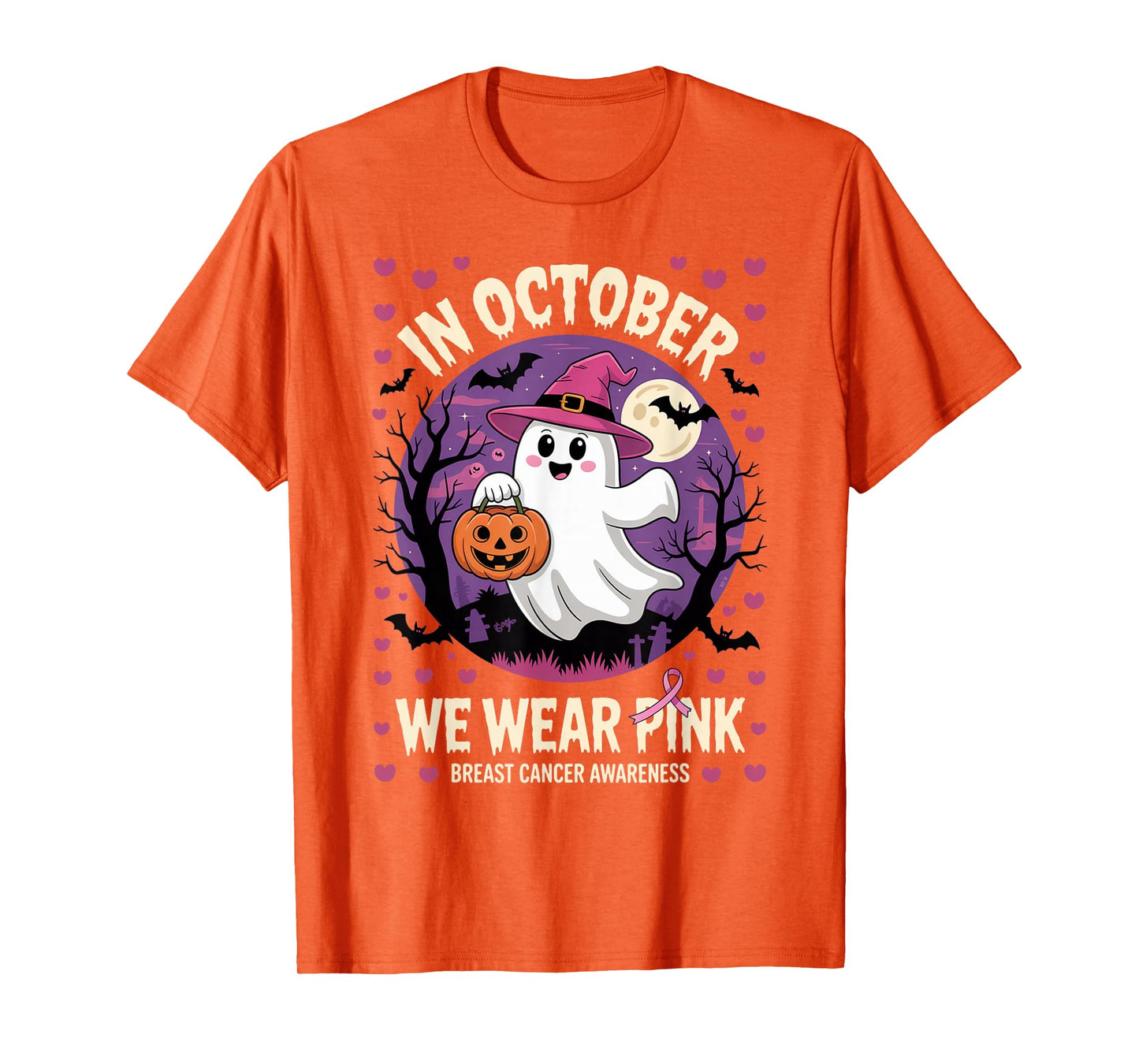 in October We Wear Pink Ghost Halloween Awareness Women T-Shirt