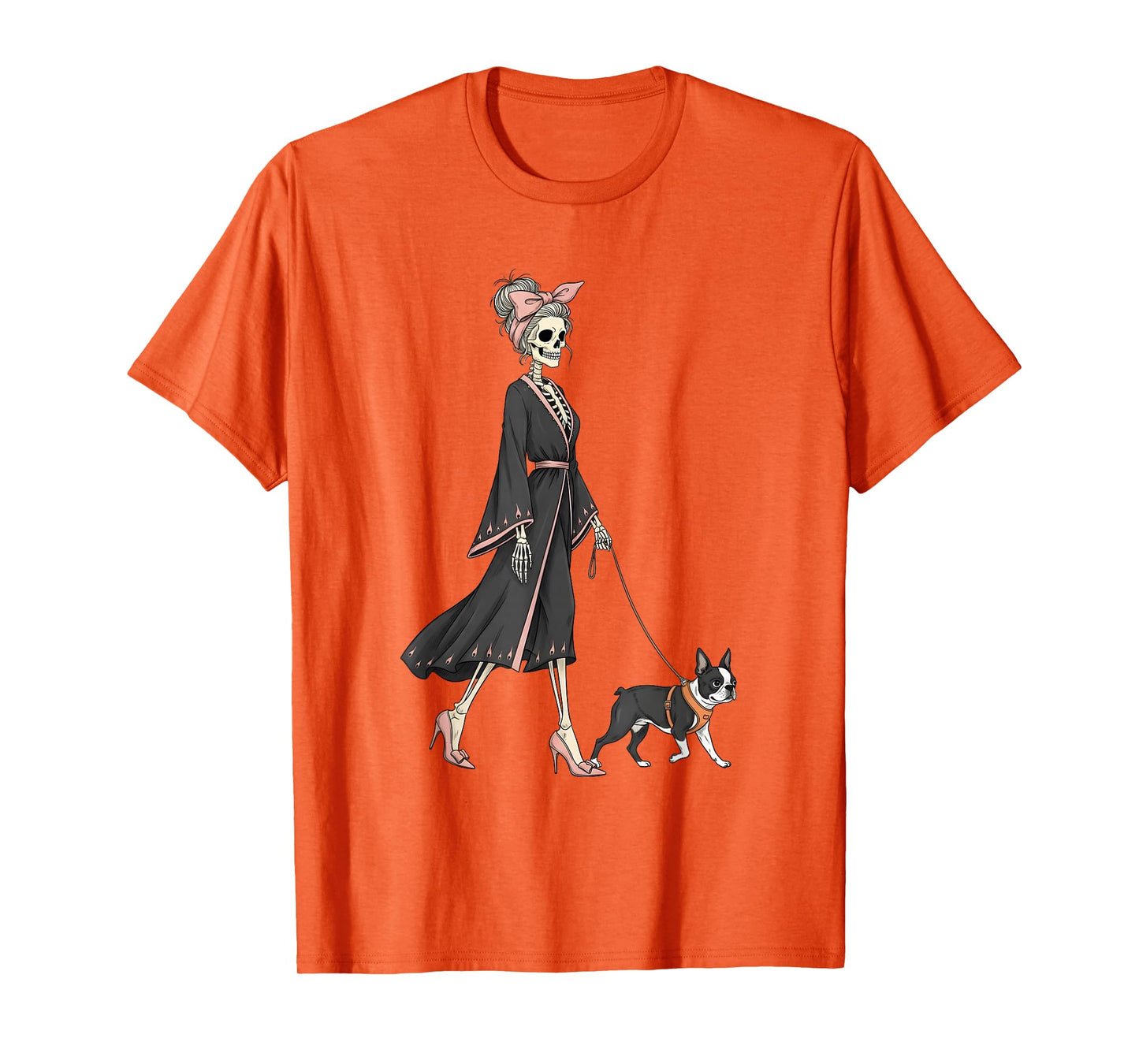 Skeleton Boston Terrier Dog Walking Halloween Women T-Shirt