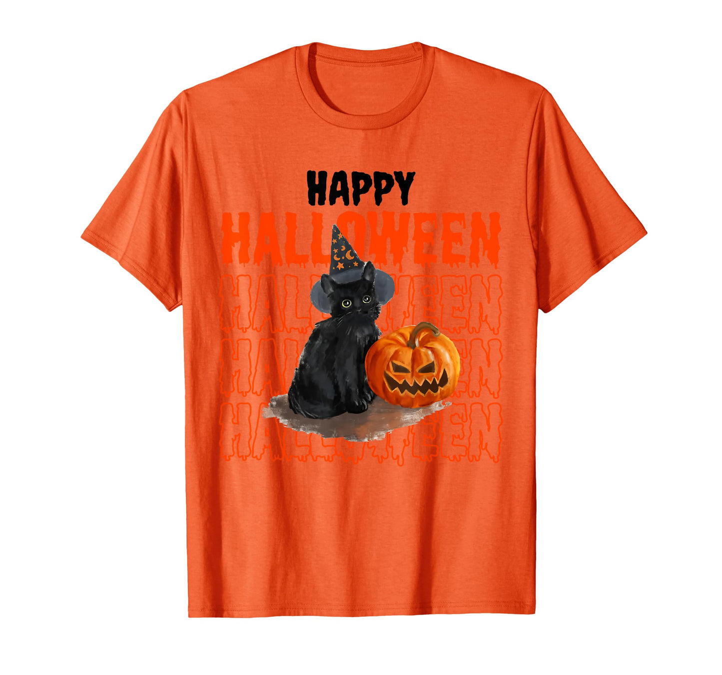 Happy Halloween Cute Black Cat with Pumpkin Witch Wishing T-Shirt