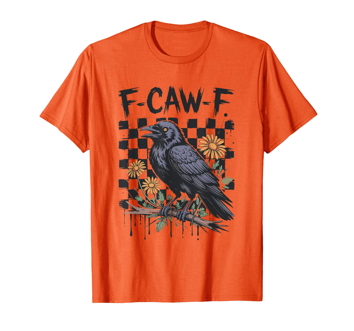 Checkered Floral Crow Raven F-CAW-F Halloween Dark Bird T-Shirt