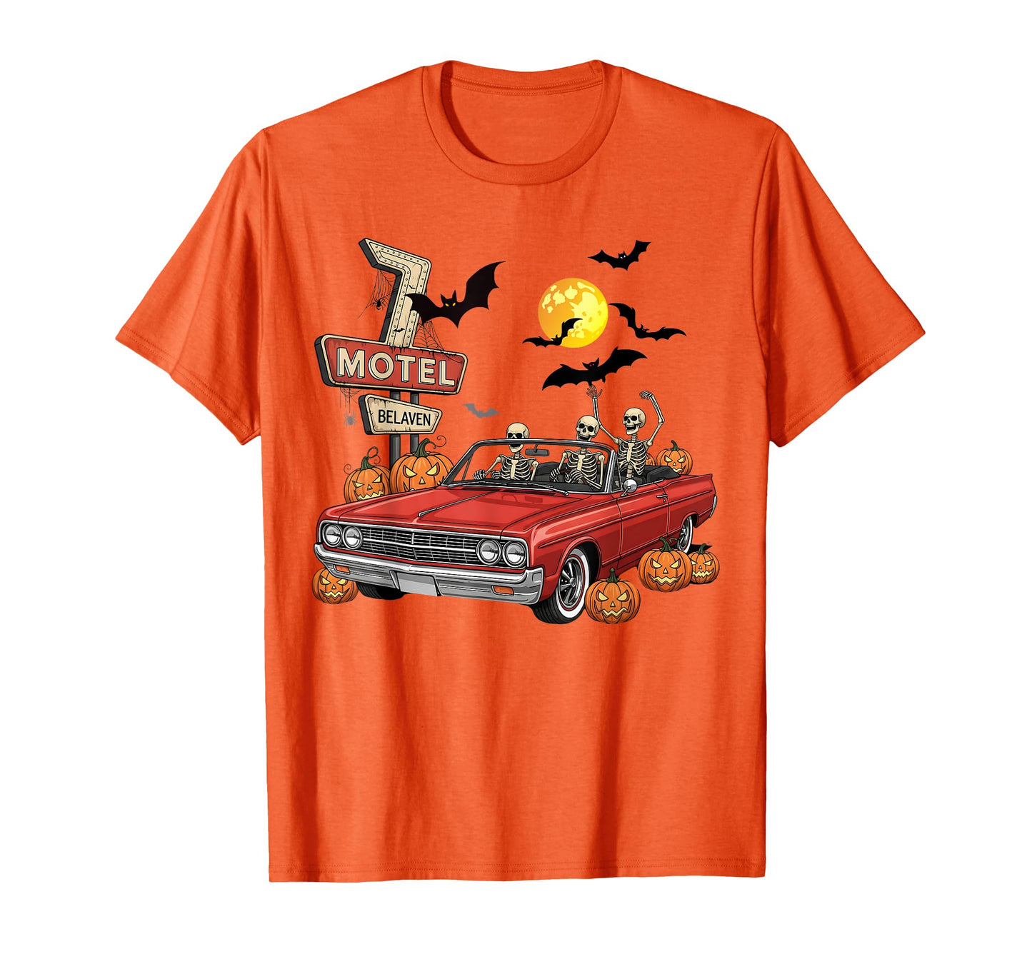 Skeletons Halloween Car Ride with Pumpkins and Moon T-Shirt