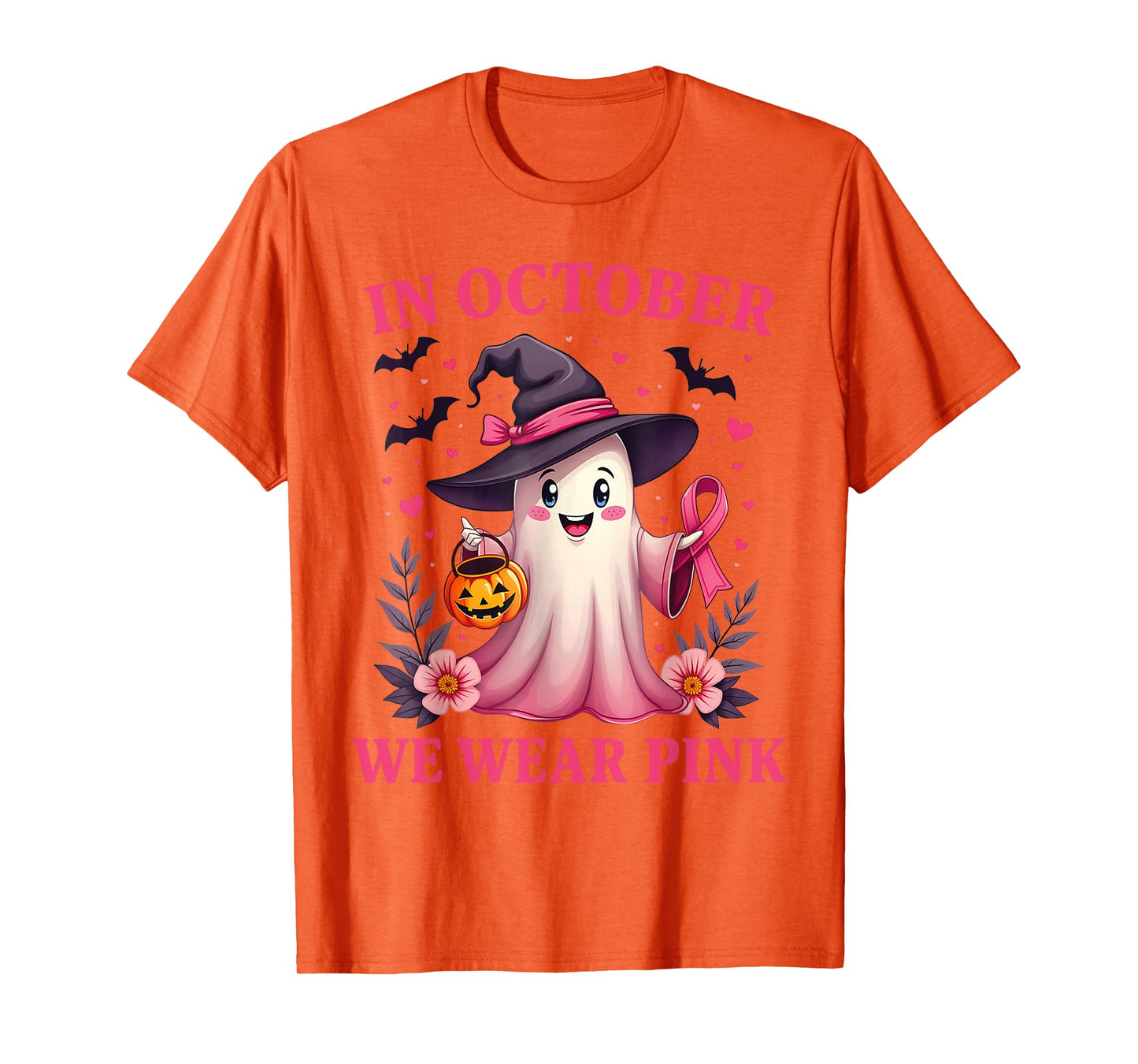 in October We Wear Pink Ghost Witch Breast Cancer Awareness T-Shirt