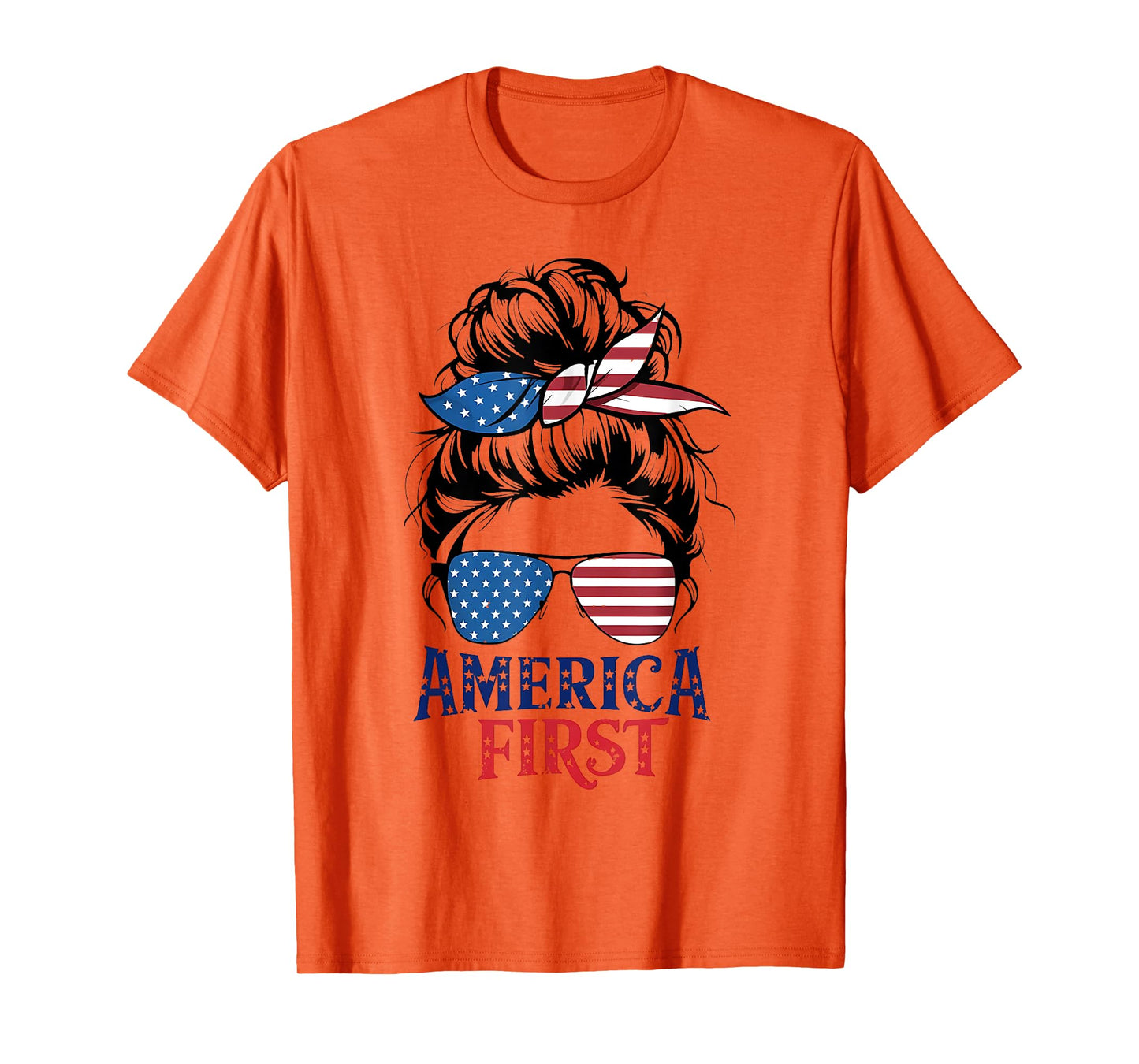 Messy Bunny Hair Girl America First Patriotic American USA T-Shirt