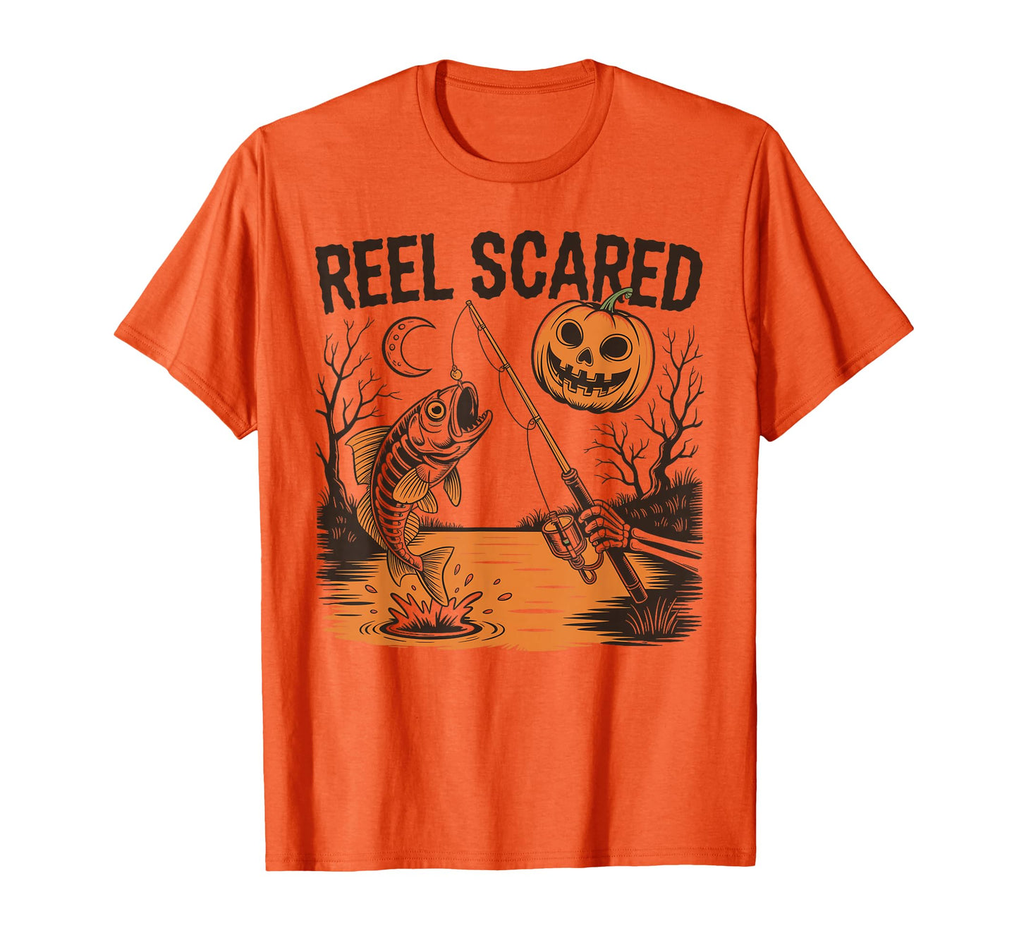 Reel Scared Halloween Fishing Skeleton Pumpkin Fish T-Shirt