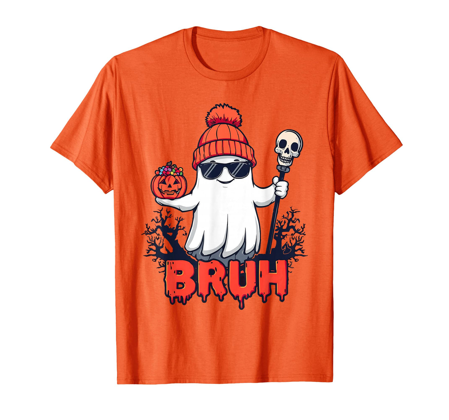 Funny Ghost Bruh Halloween with Pumpkin Trick Or Treat Candy T-Shirt