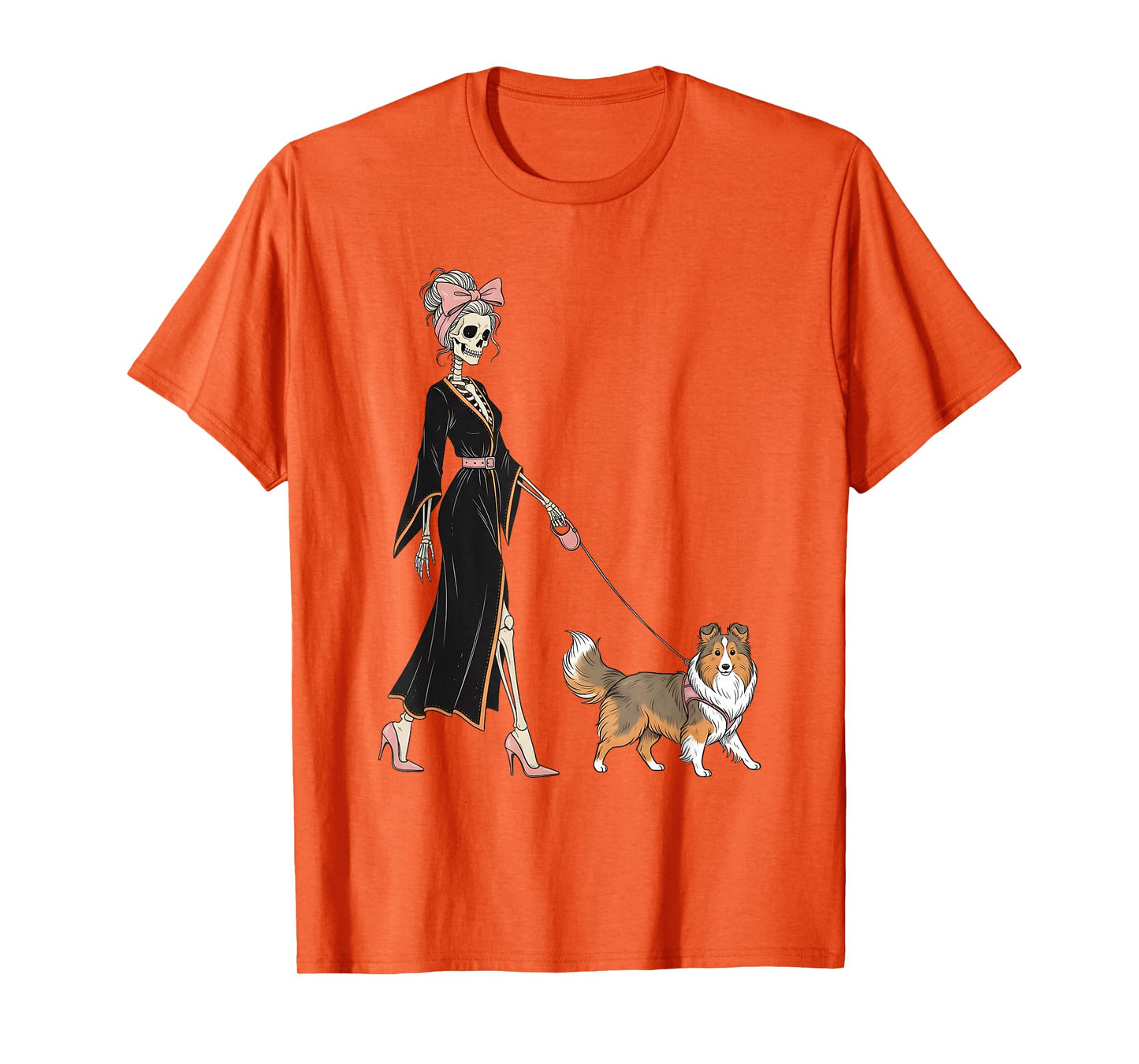 Skeleton Shetland Sheepdog Dog Walking Halloween Women T-Shirt