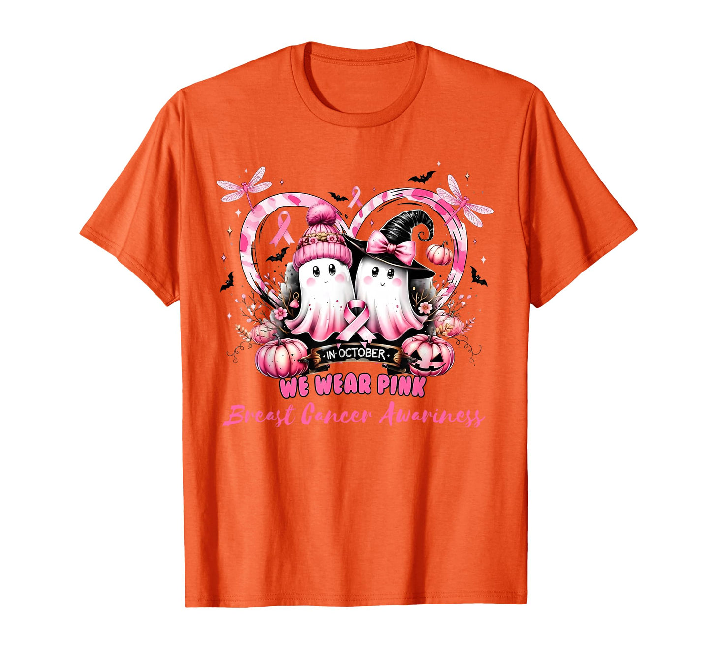 in October We Wear Pink Breast Cancer Heart Dragonflies T-Shirt