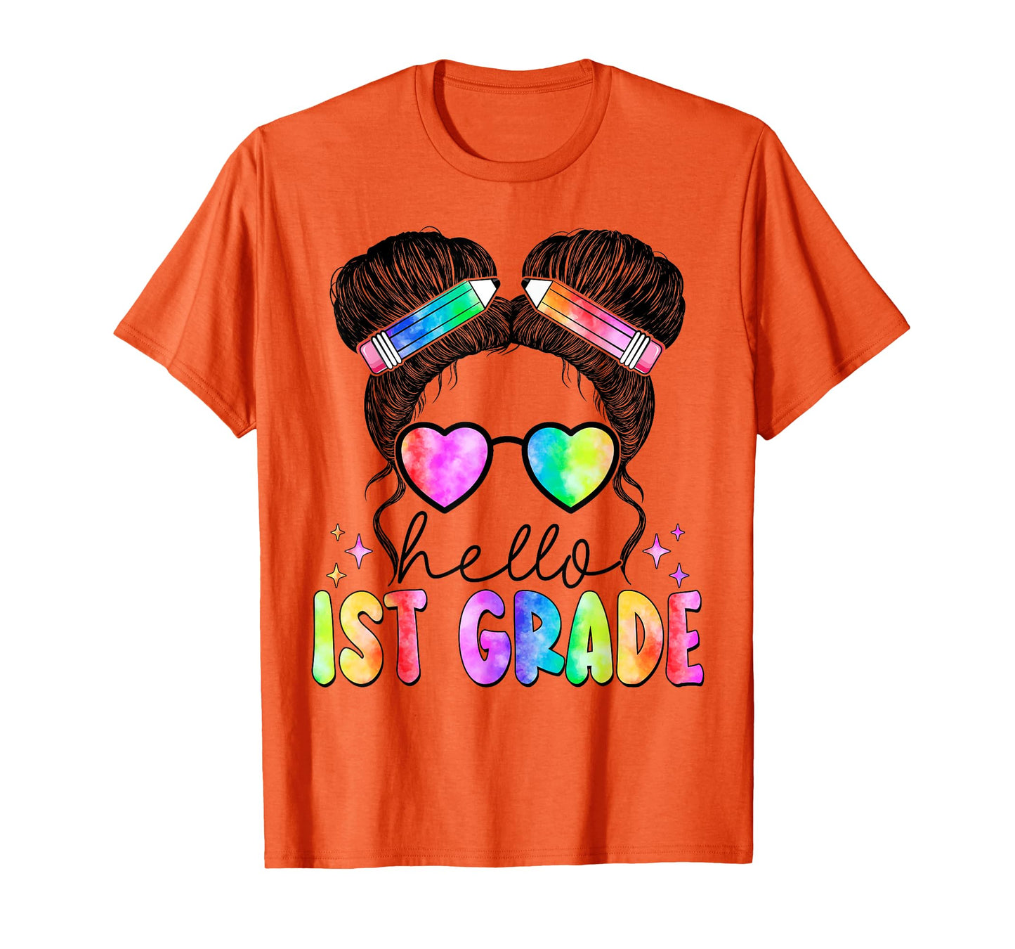 Messy Hair Bun Girl Back To School First Day Hello 1st Grade T-Shirt