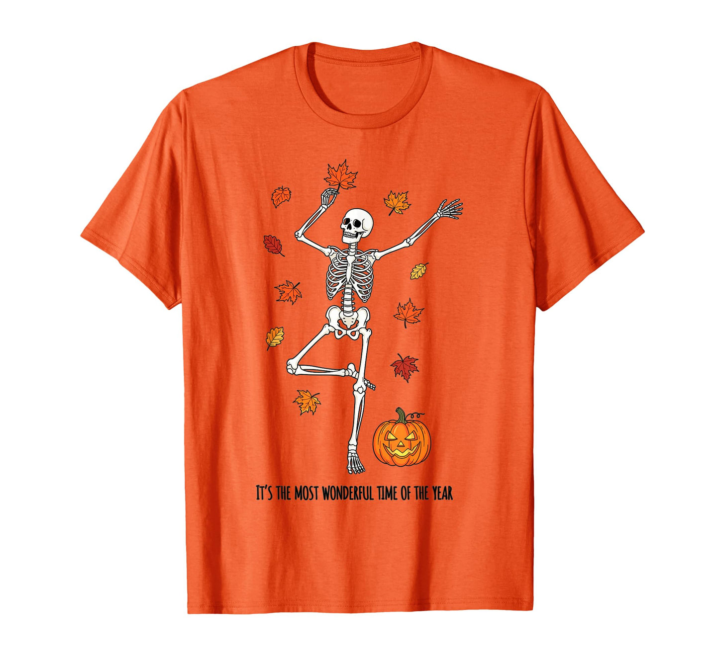 Skeleton Fall Leaves Pumpkin Funny Halloween Season T-Shirt